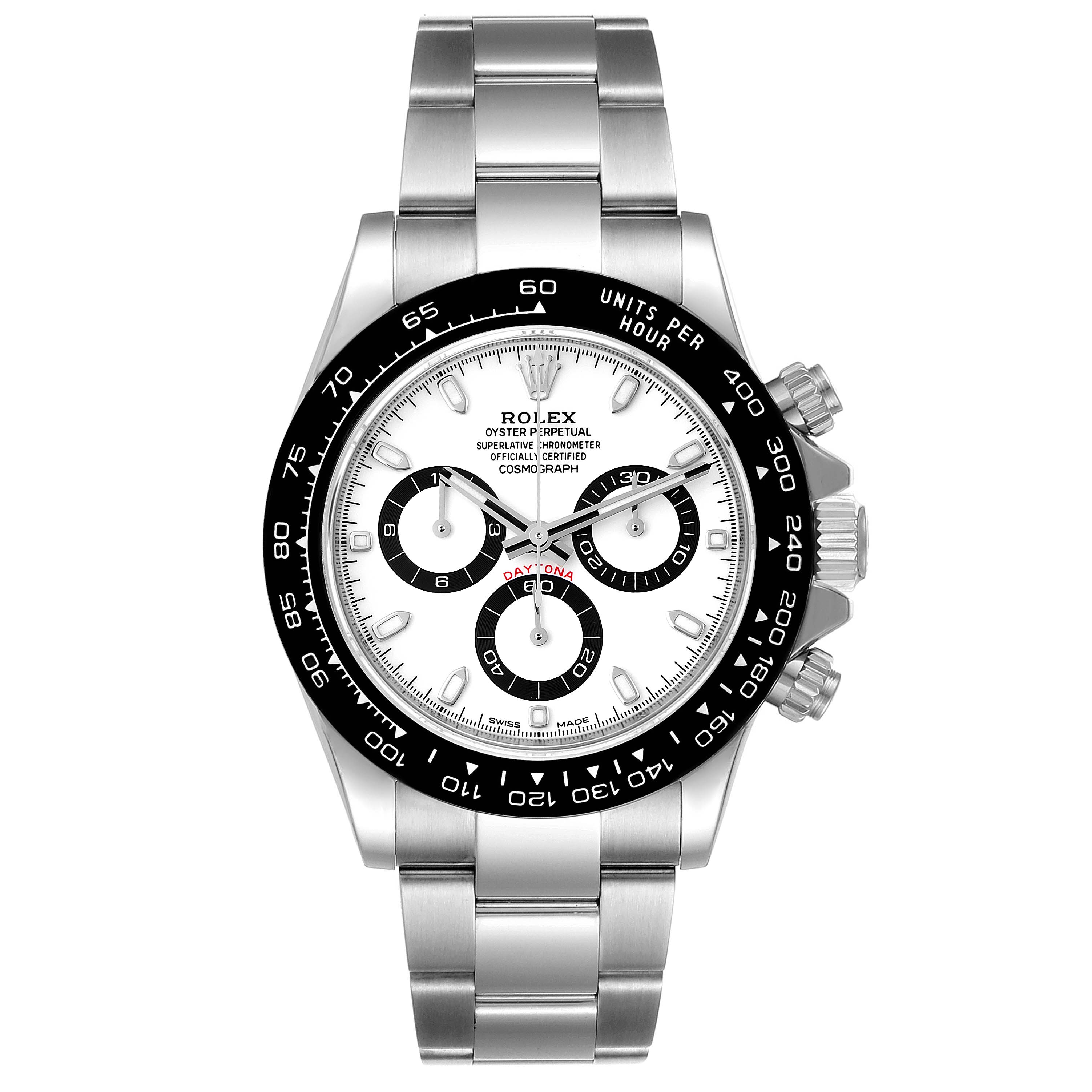 This image shows a front view of a Rolex Daytona 116500 Men's Stainless Steel White Dial 116500 Men's Stainless Steel White Dial watch, highlighting the dial, bezel, chronograph subdials, and bracelet.