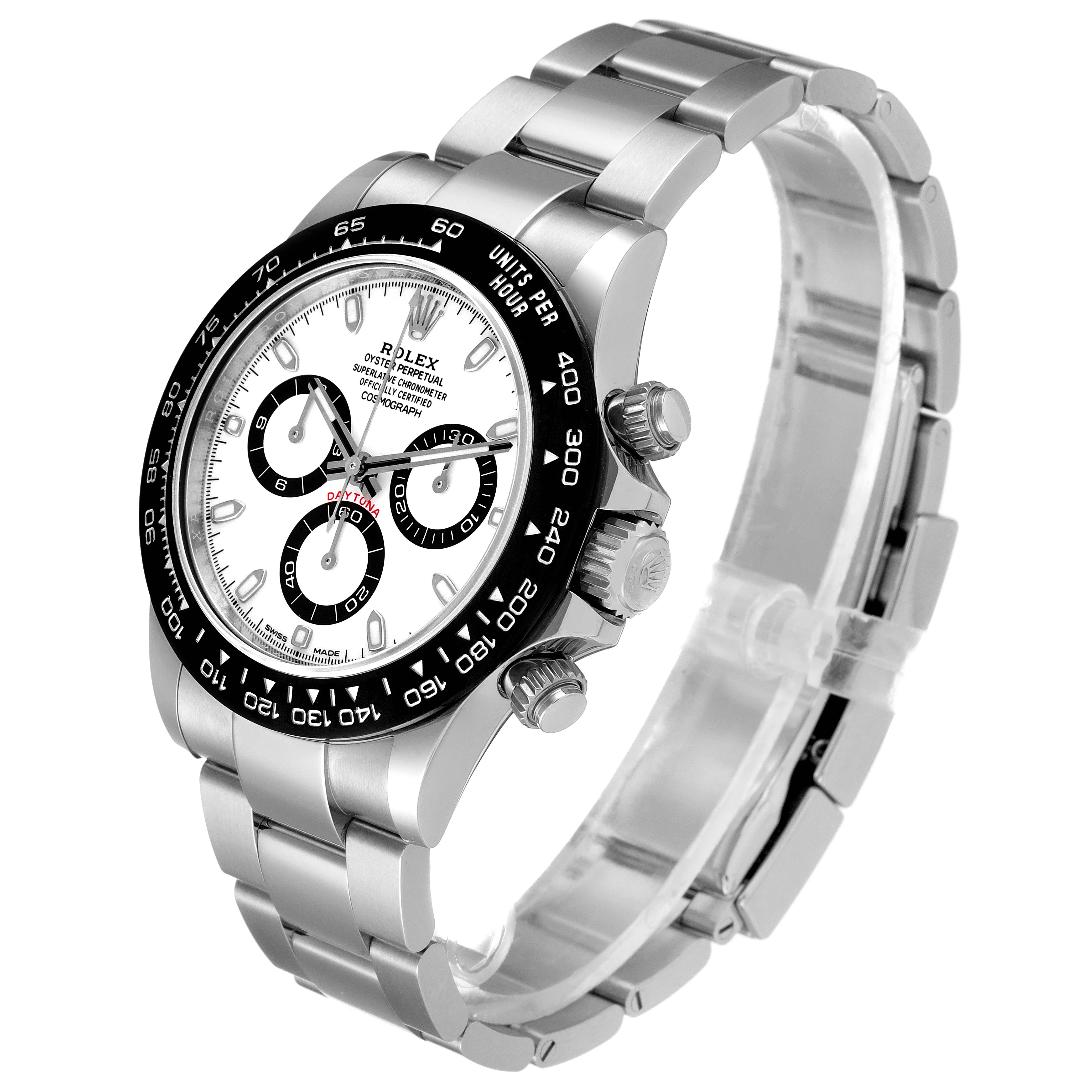 The Rolex Daytona 116500 Men's Stainless Steel White Dial 116500 Men's Stainless Steel White Dial watch is shown at a slight side angle, displaying its face, bezel, crown, and stainless steel bracelet.