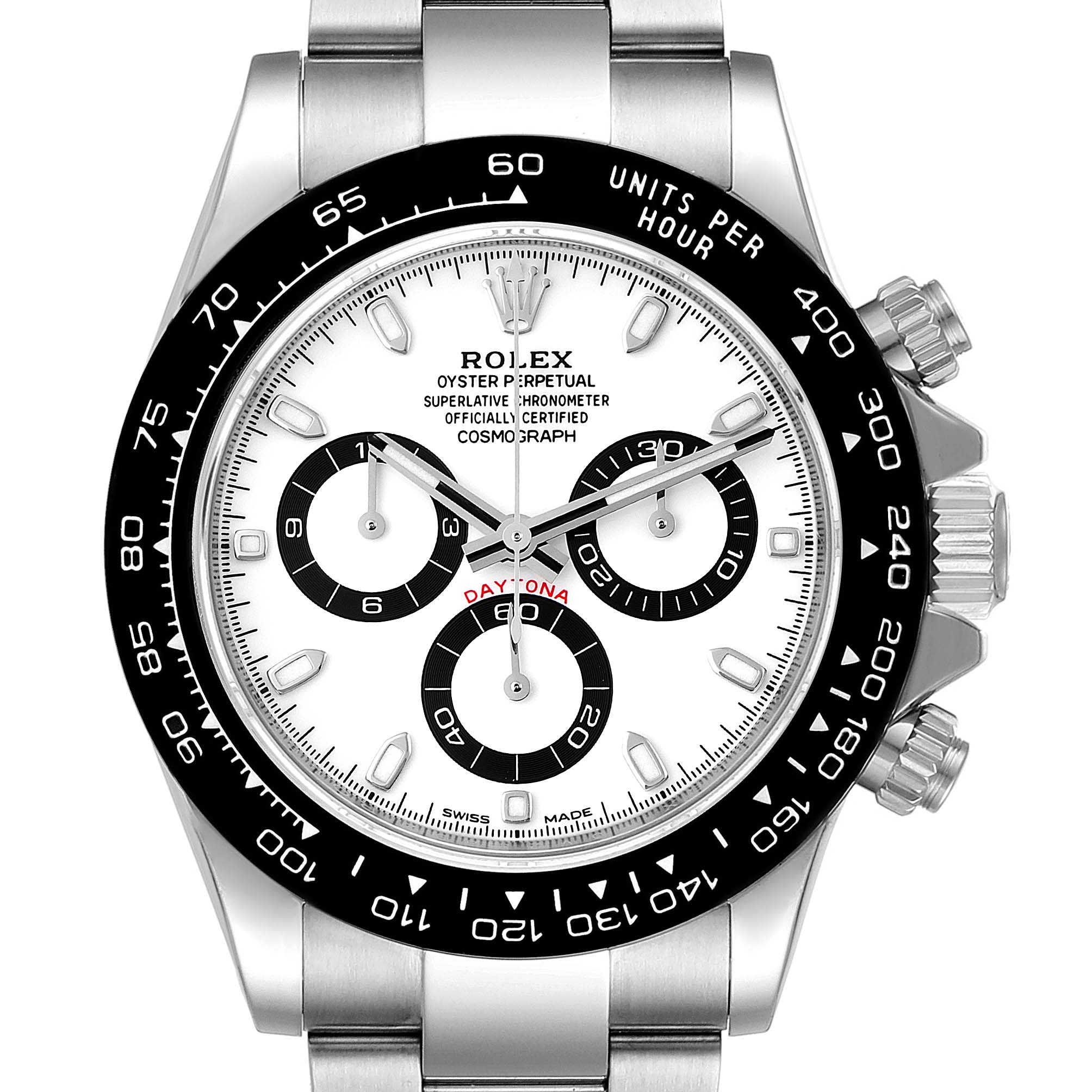 The image shows a frontal view of the Rolex Daytona 116500 Men's Stainless Steel White Dial 116500 Men's Stainless Steel White Dial watch, highlighting its face, bezel, and chronograph dials.