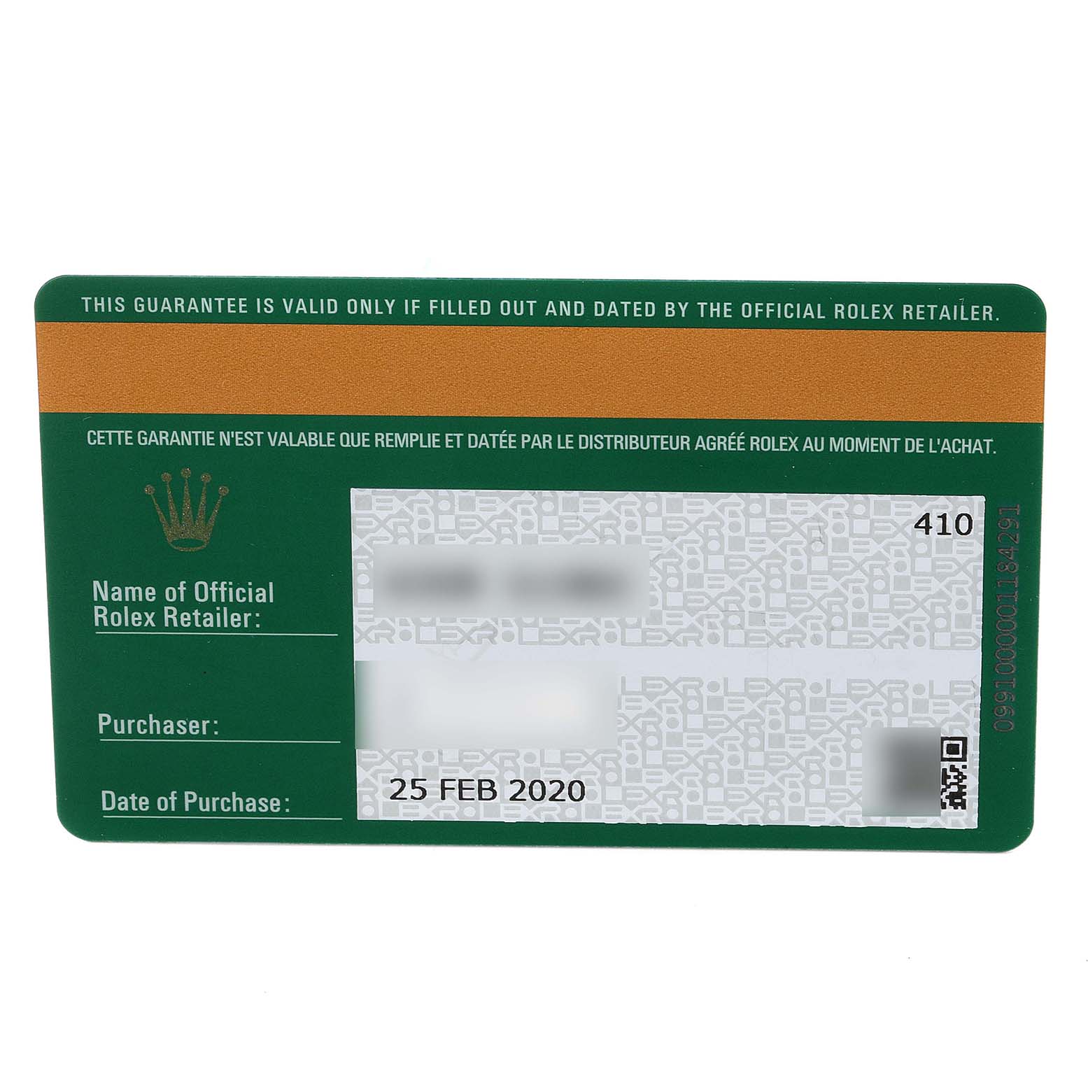 This image shows the guarantee card for a Rolex Daytona 116500 Men's Stainless Steel White Dial 116500 Men's Stainless Steel White Dial watch.