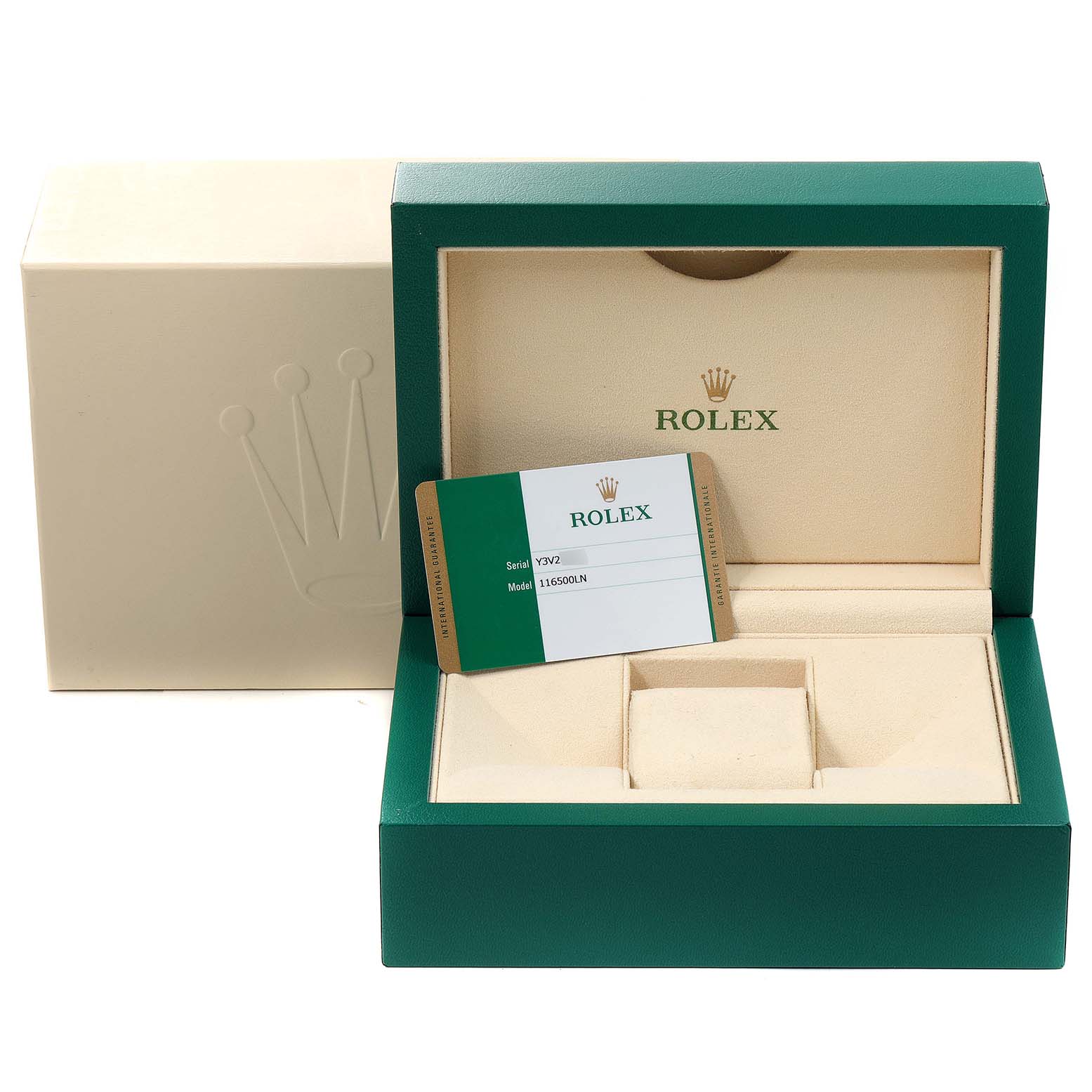 This image shows the box and warranty card for a Rolex Daytona 116500 Men's Stainless Steel White Dial 116500 Men's Stainless Steel White Dial watch.