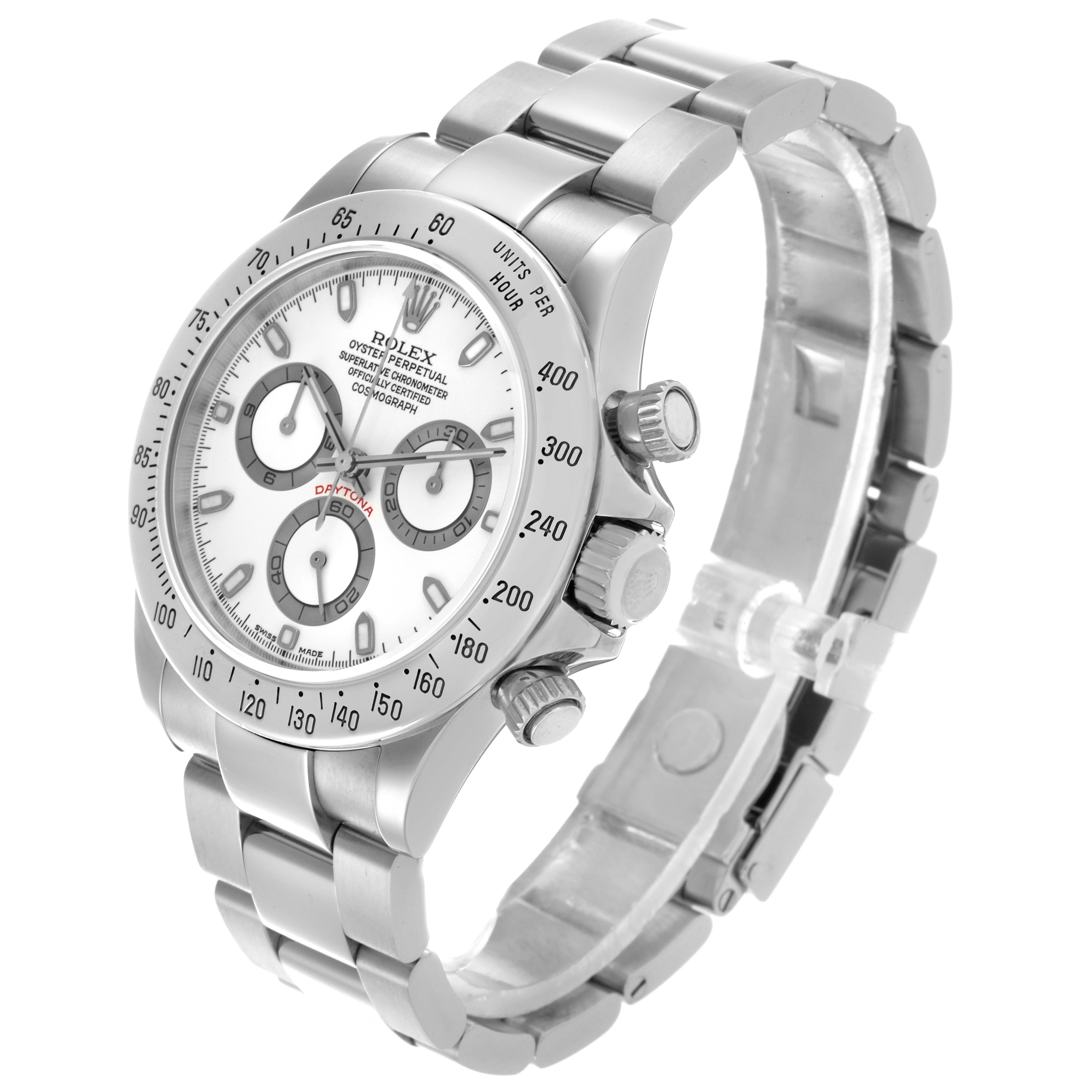 The Rolex Daytona 116520 Men's Stainless Steel White Dial 116520 Men's Stainless Steel White Dial watch is shown at a slight angle, highlighting the face, bezel, pushers, and part of the bracelet.