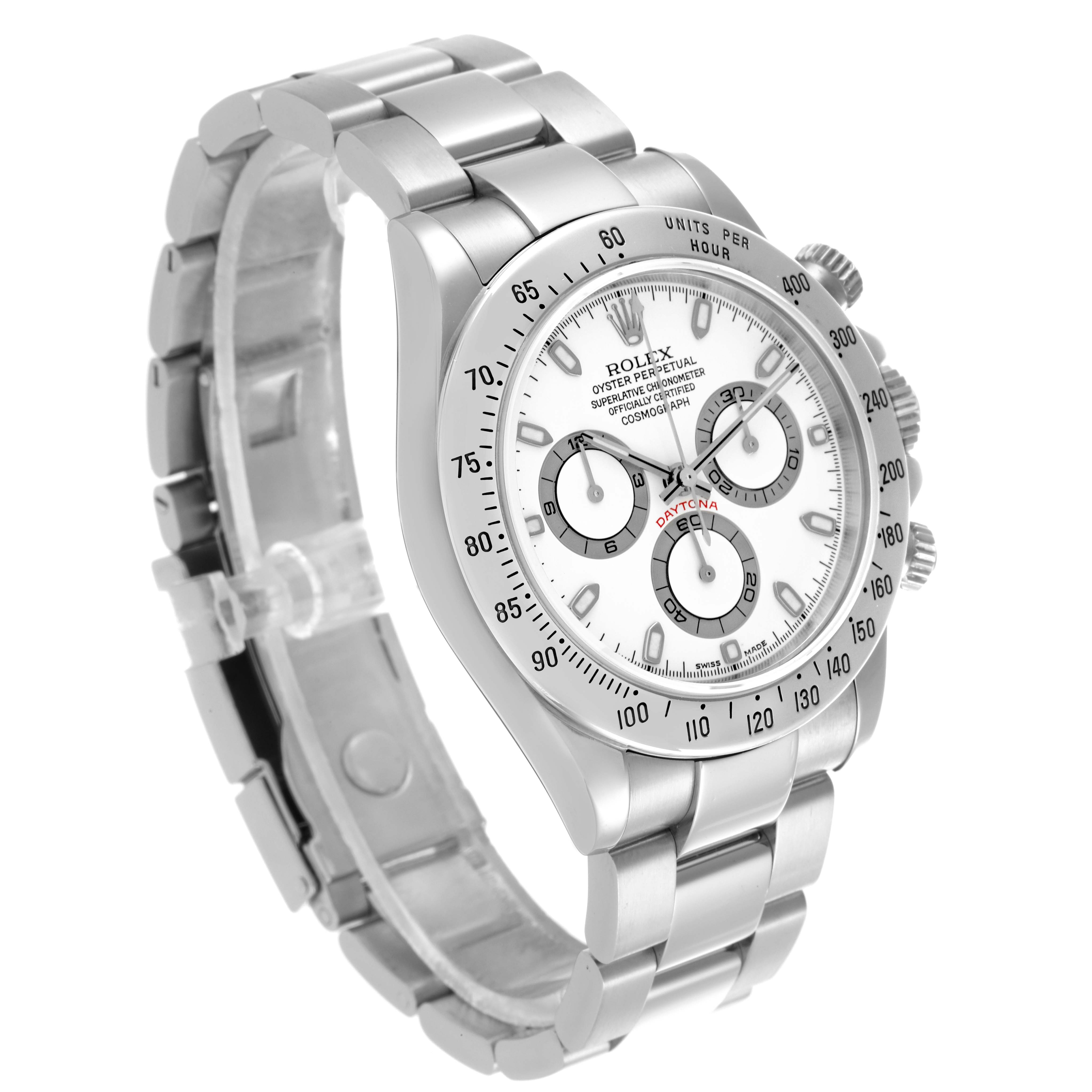 The Rolex Daytona 116520 Men's Stainless Steel White Dial 116520 Men's Stainless Steel White Dial watch is shown at a three-quarter angle, displaying its dial, bezel, and metal bracelet.