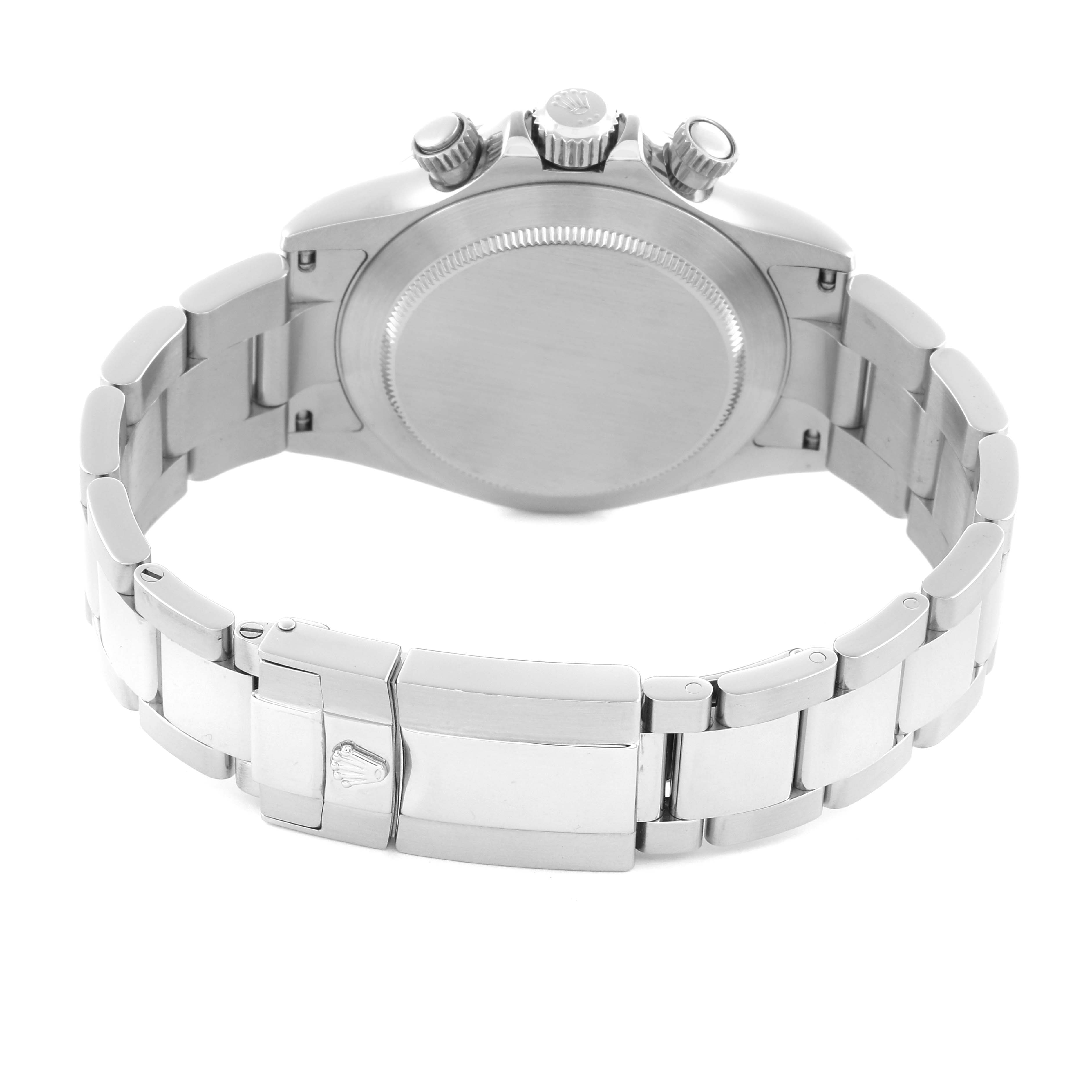 The image shows the back of the Rolex Daytona 116520 Men's Stainless Steel White Dial 116520 Men's Stainless Steel White Dial watch, highlighting the bracelet and clasp.