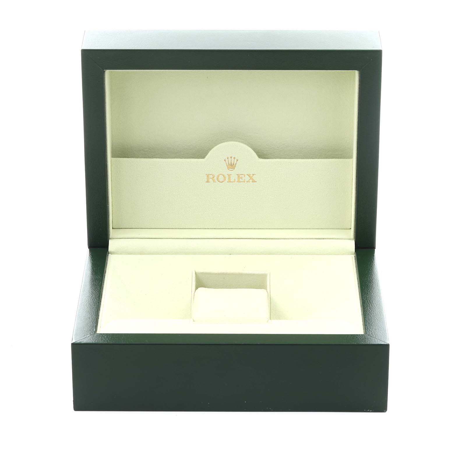 The image shows an empty Rolex Daytona 116520 Men's Stainless Steel White Dial 116520 Men's Stainless Steel White Dial watch box, viewed from the front with open lid and interior compartments.