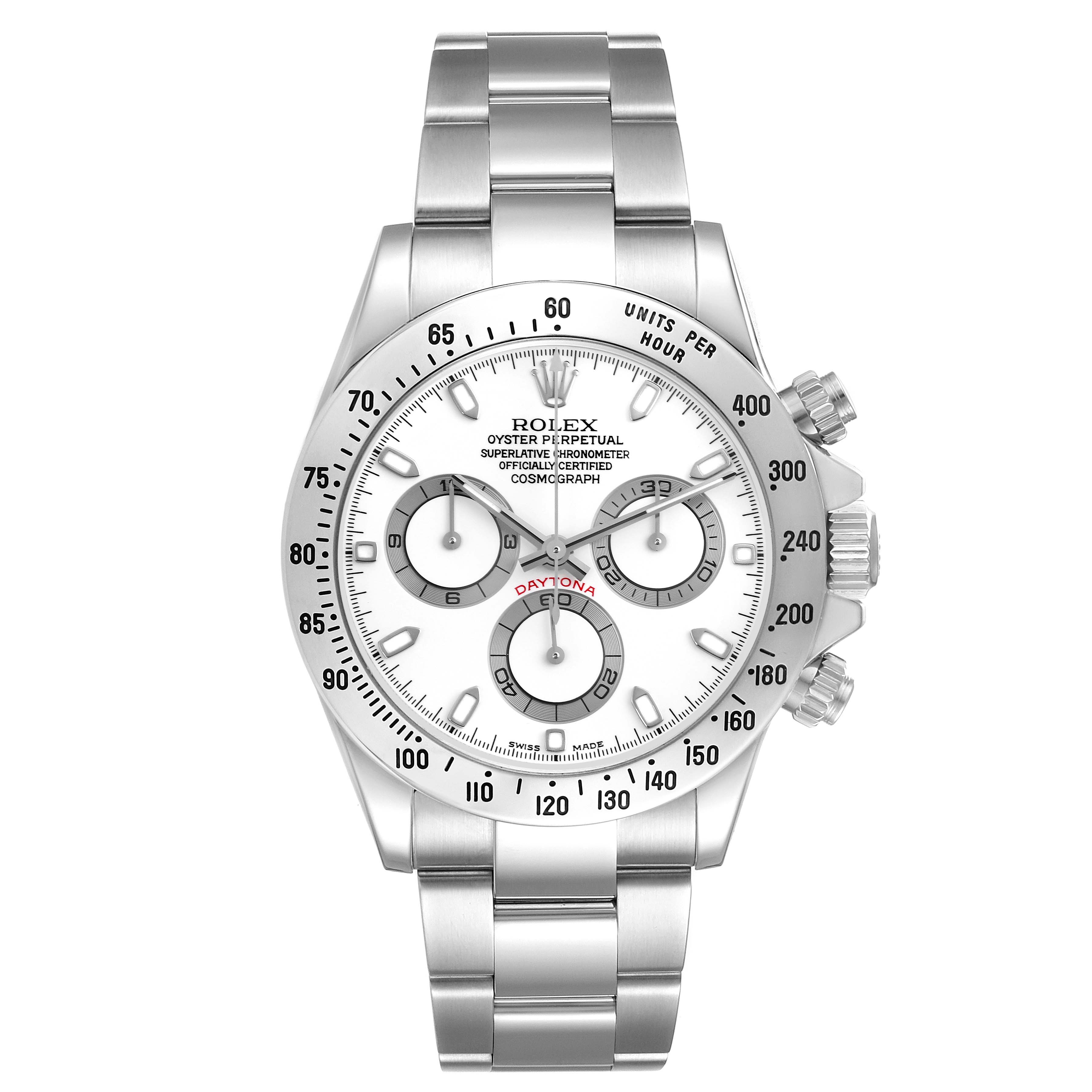 The Rolex Daytona 116520 Men's Stainless Steel White Dial 116520 Men's Stainless Steel White Dial watch is shown from a front angle, highlighting the dial, bezel, and bracelet.