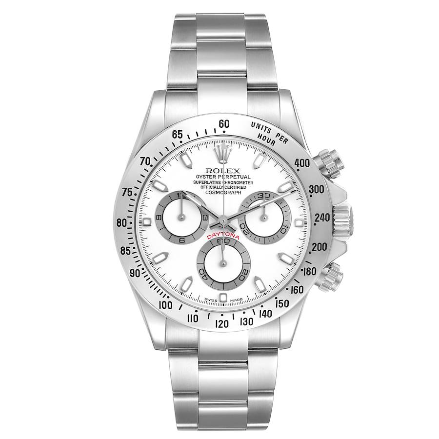 The Rolex Daytona watch is shown from a front angle, highlighting the dial, bezel, and bracelet.