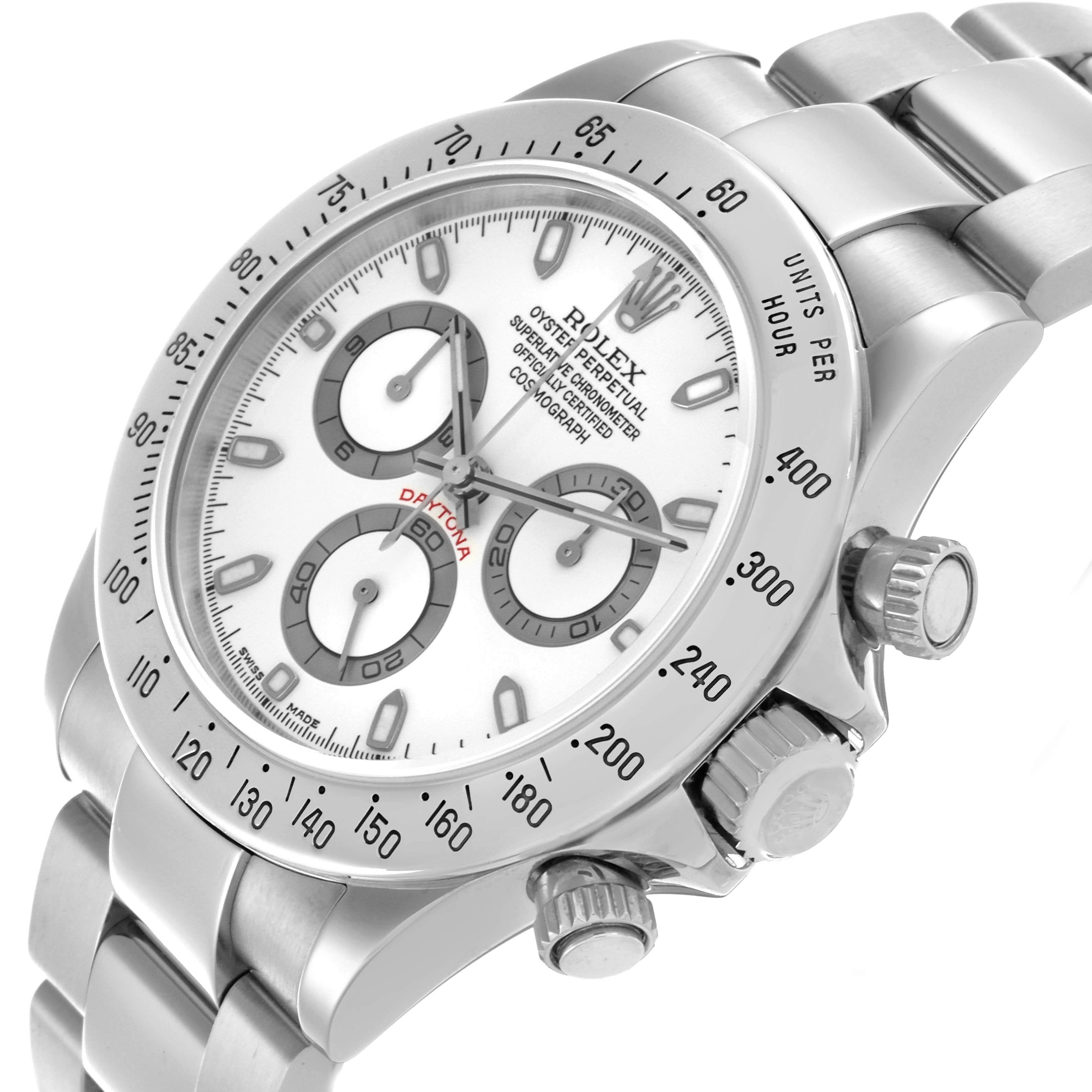 The Rolex Daytona 116520 Men's Stainless Steel White Dial 116520 Men's Stainless Steel White Dial watch is shown at an angle highlighting the dial, bezel, crown, and pushers, showcasing its detailed features.