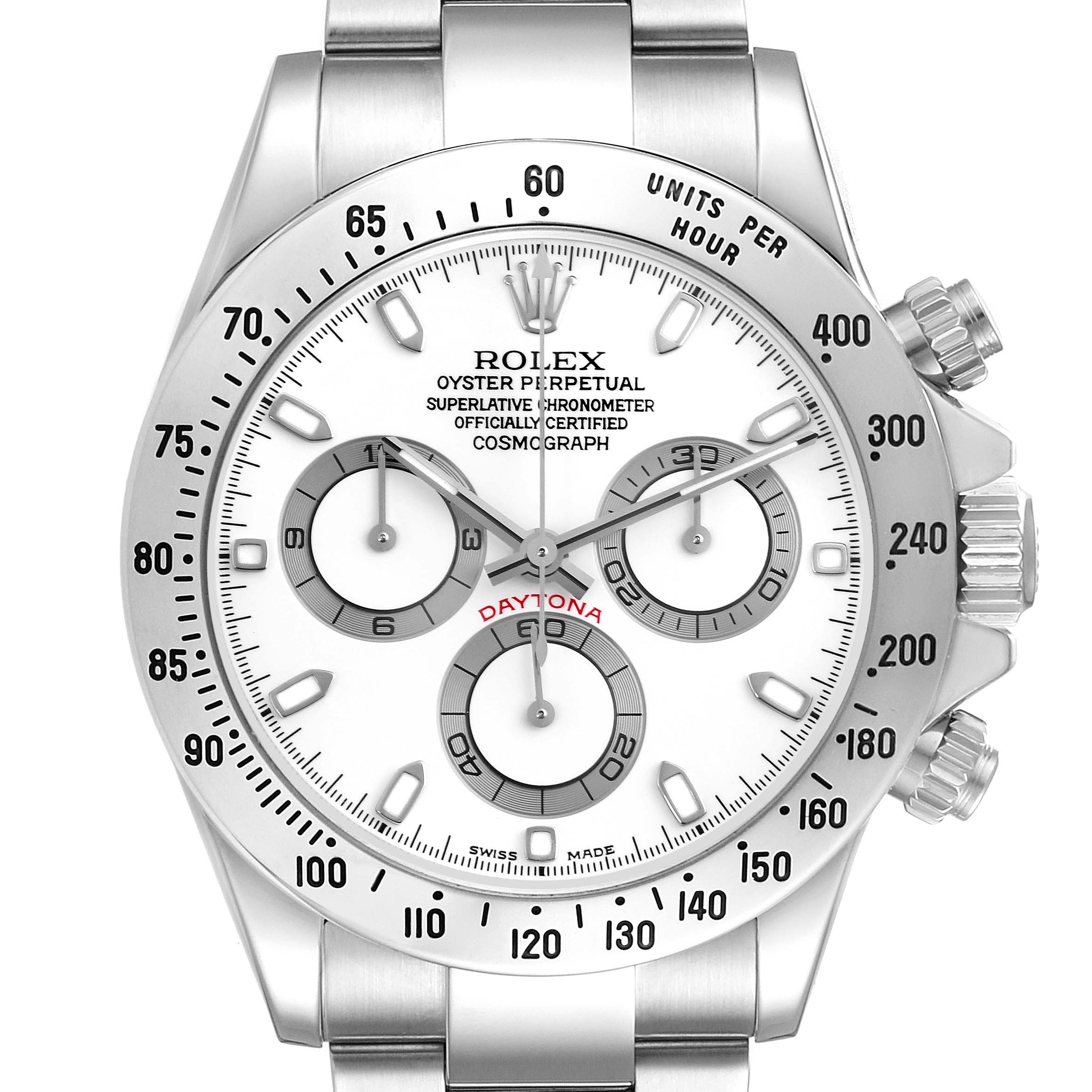 The Rolex Daytona 116520 Men's Stainless Steel White Dial 116520 Men's Stainless Steel White Dial watch is shown from a front angle, displaying its face, sub-dials, bezel, and crown.