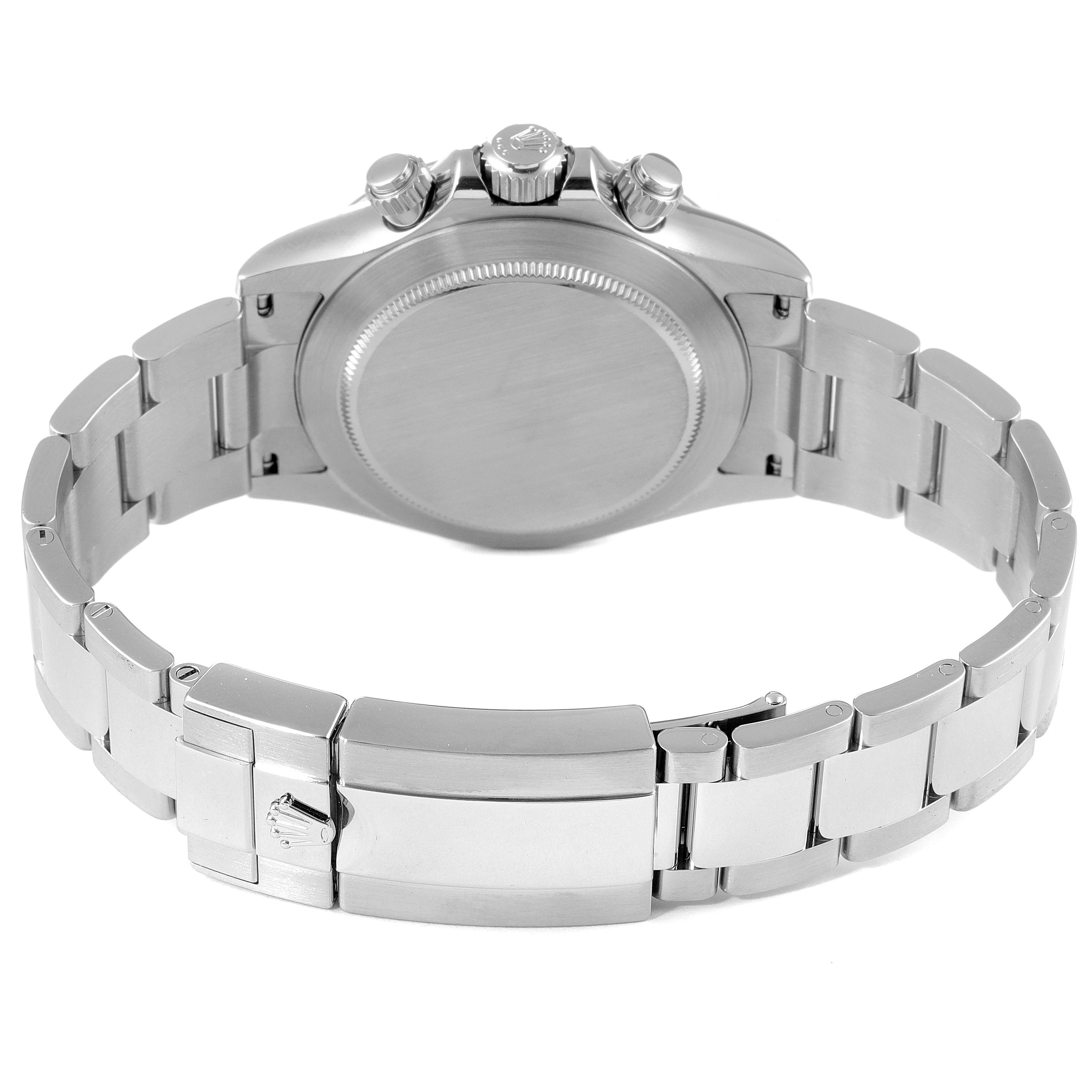 The image shows the back view of a Rolex Daytona 116520 Men's Stainless Steel White Dial 116520 Men's Stainless Steel White Dial watch, highlighting its case back, bracelet, and clasp.