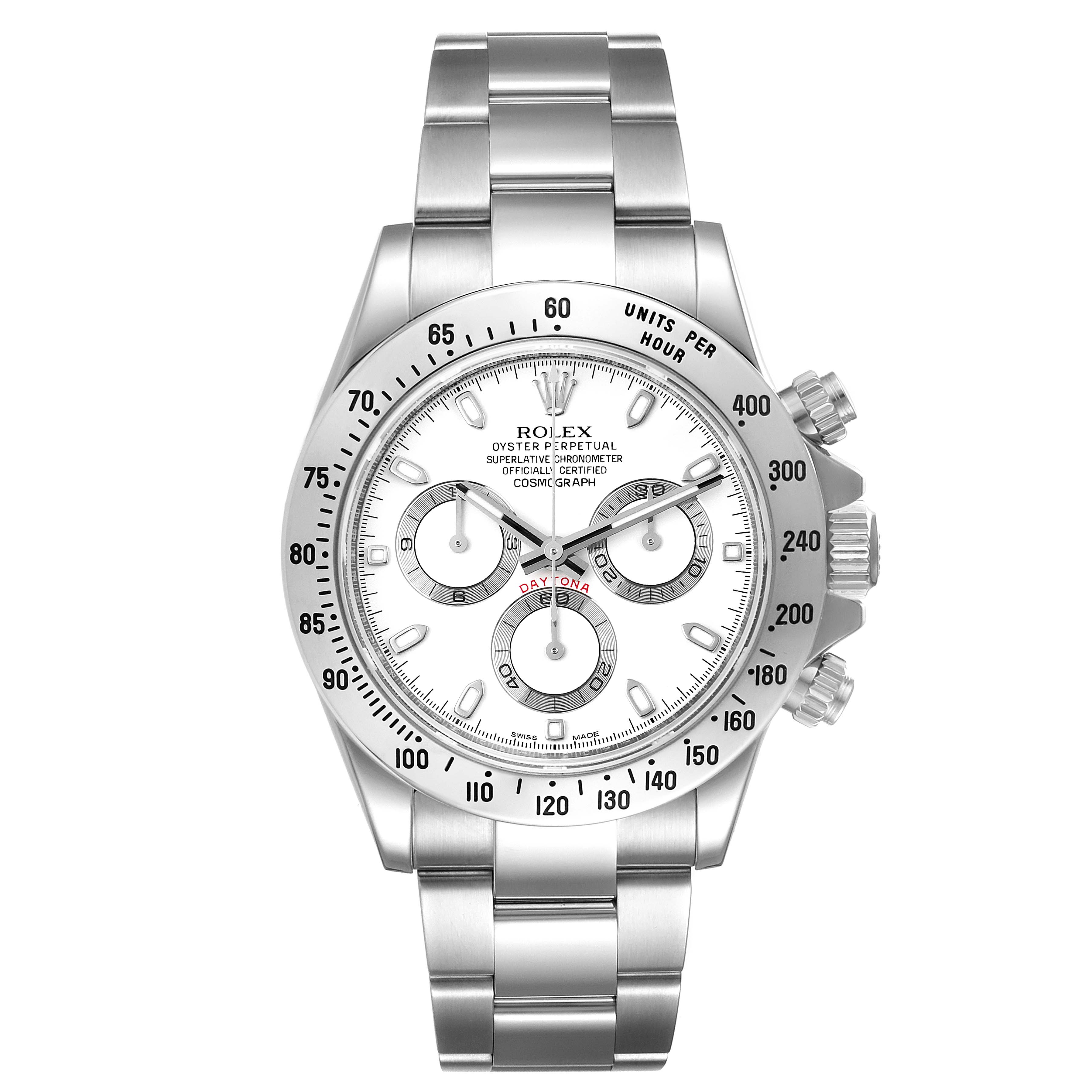The image shows a Rolex Daytona 116520 Men's Stainless Steel White Dial 116520 Men's Stainless Steel White Dial watch, highlighting the face, bezel, and bracelet from a front view angle.
