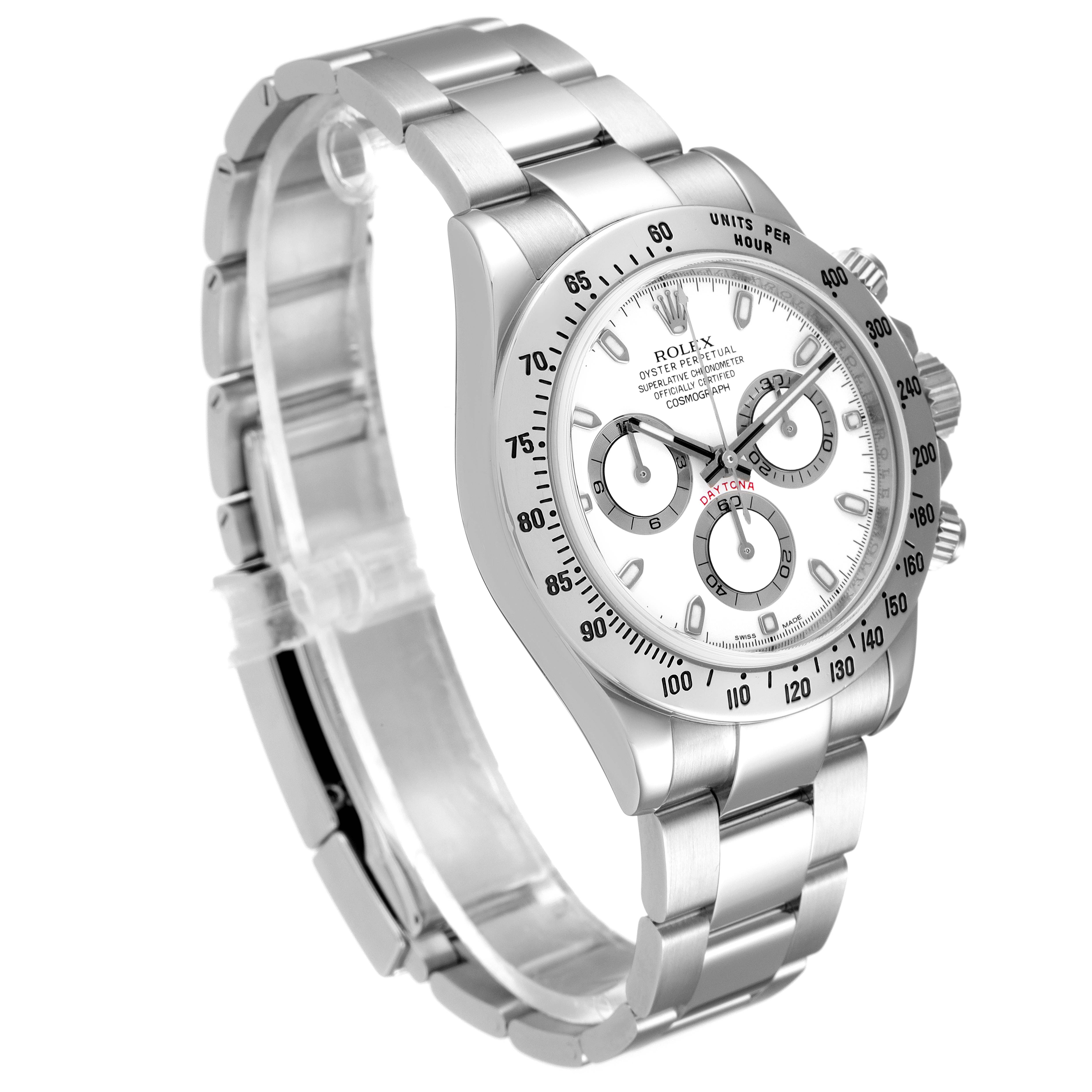 The image shows a Rolex Daytona 116520 Men's Stainless Steel White Dial 116520 Men's Stainless Steel White Dial watch with a stainless steel bracelet and a white dial at a slight angle from the left side.