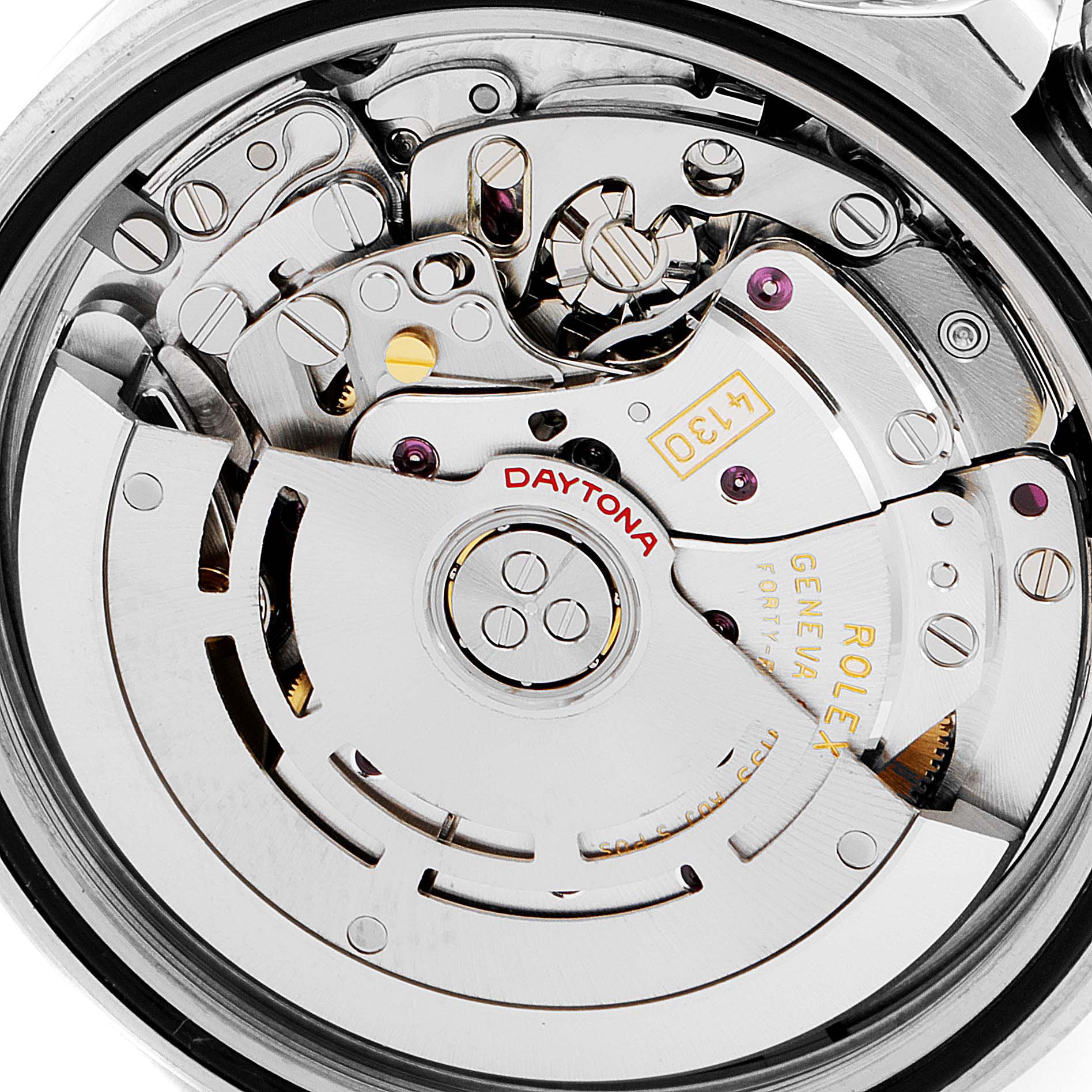 The image shows the detailed internal mechanism and movement of a Rolex Daytona 116520 Men's Stainless Steel White Dial 116520 Men's Stainless Steel White Dial watch.