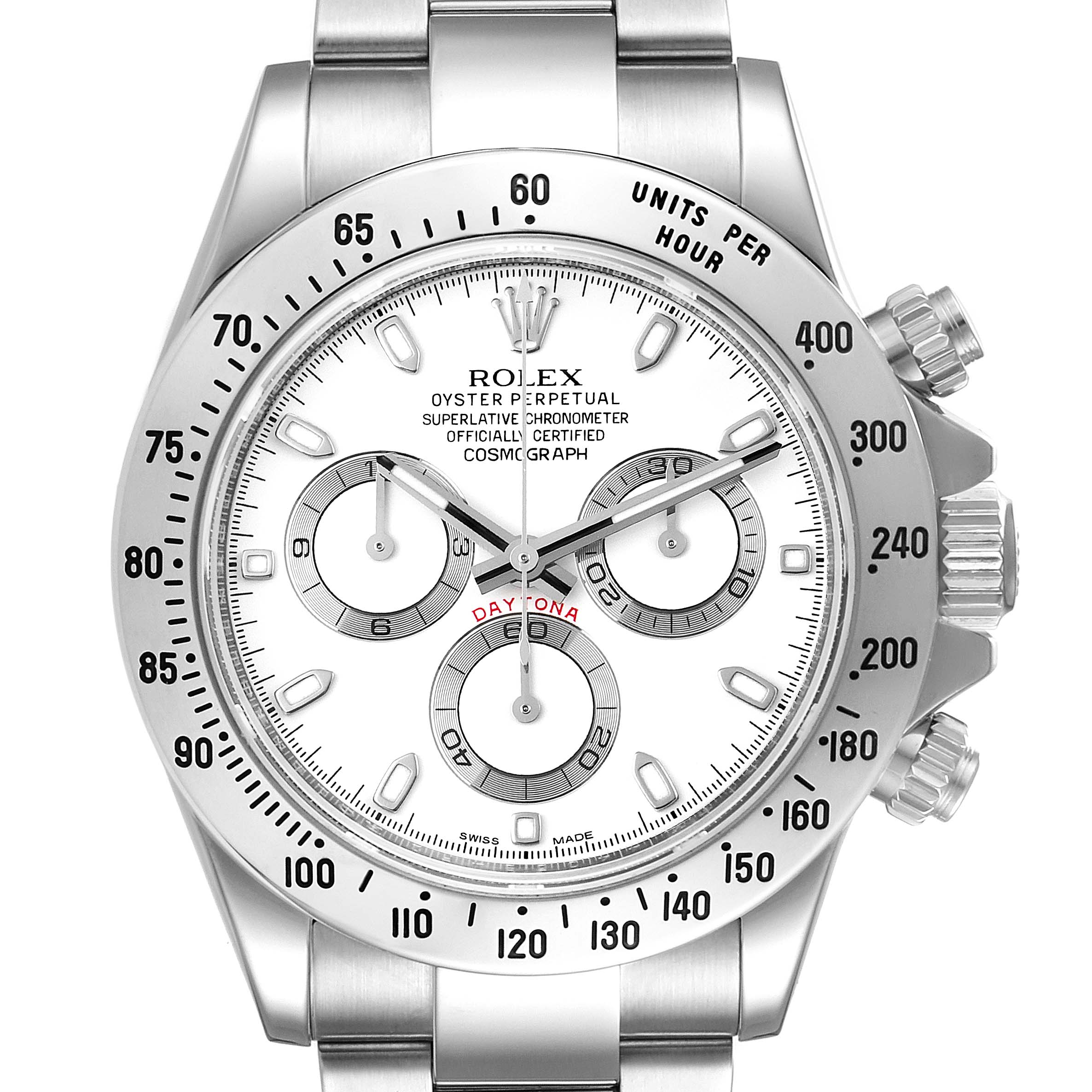 This image shows the front view of a Rolex Daytona 116520 Men's Stainless Steel White Dial 116520 Men's Stainless Steel White Dial watch, highlighting the dial and chronograph subdials.