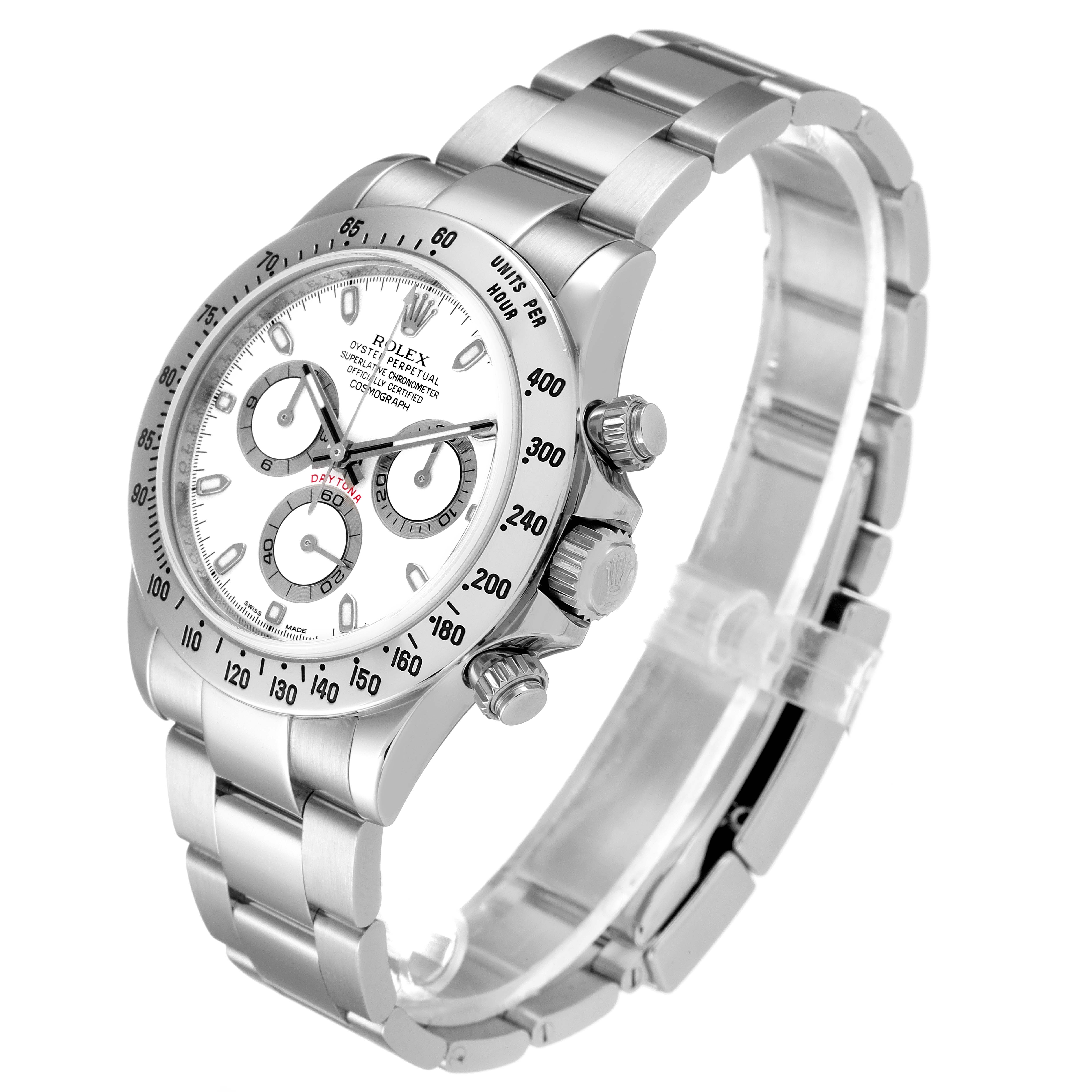 The Rolex Daytona 116520 Men's Stainless Steel White Dial 116520 Men's Stainless Steel White Dial watch is shown at a slight angle with focus on the face, bezel, pushers, and bracelet.