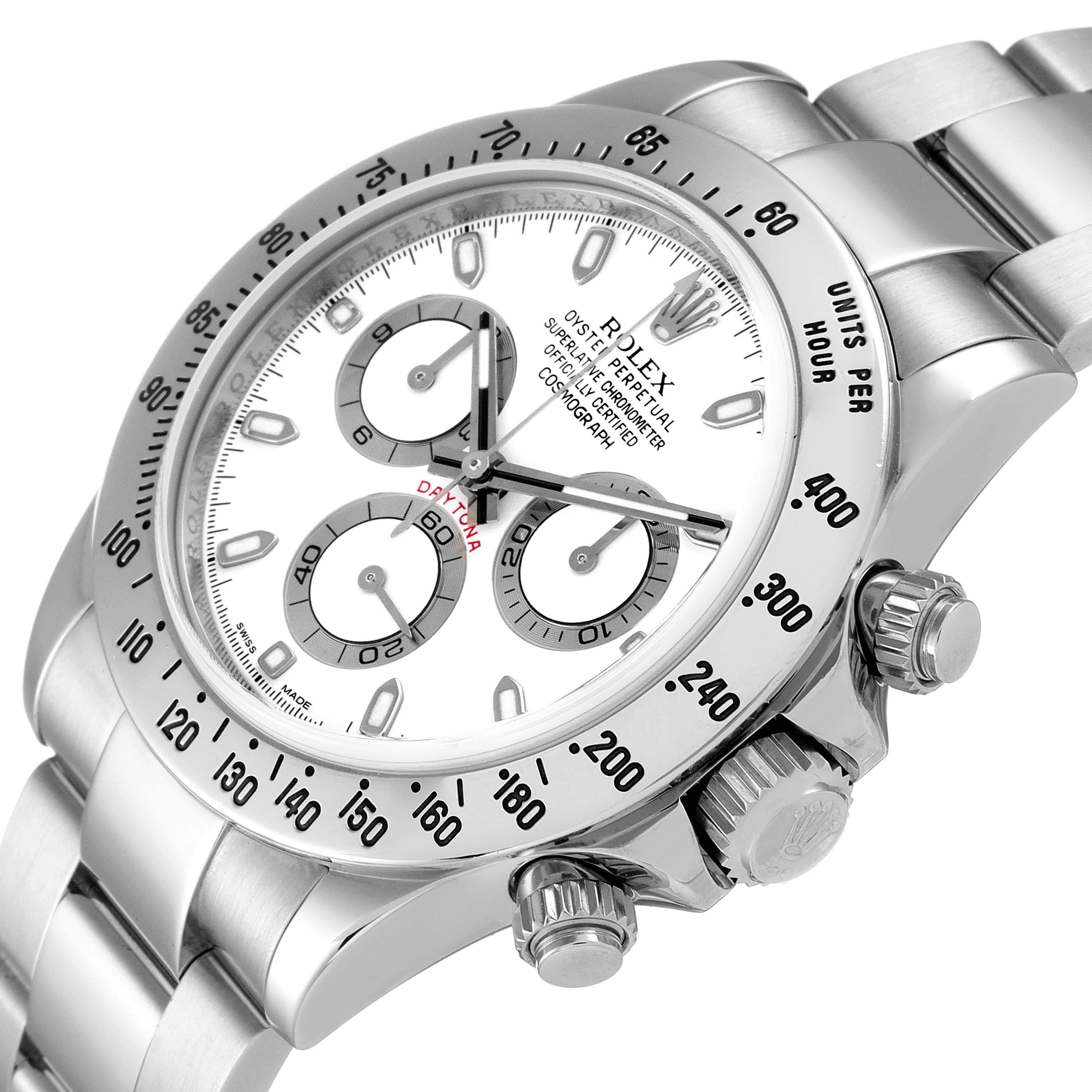 The image displays a close-up, angled view of the Rolex Daytona 116520 Men's Stainless Steel White Dial 116520 Men's Stainless Steel White Dial watch, showcasing the dial, chronograph subdials, bezel, and crown.
