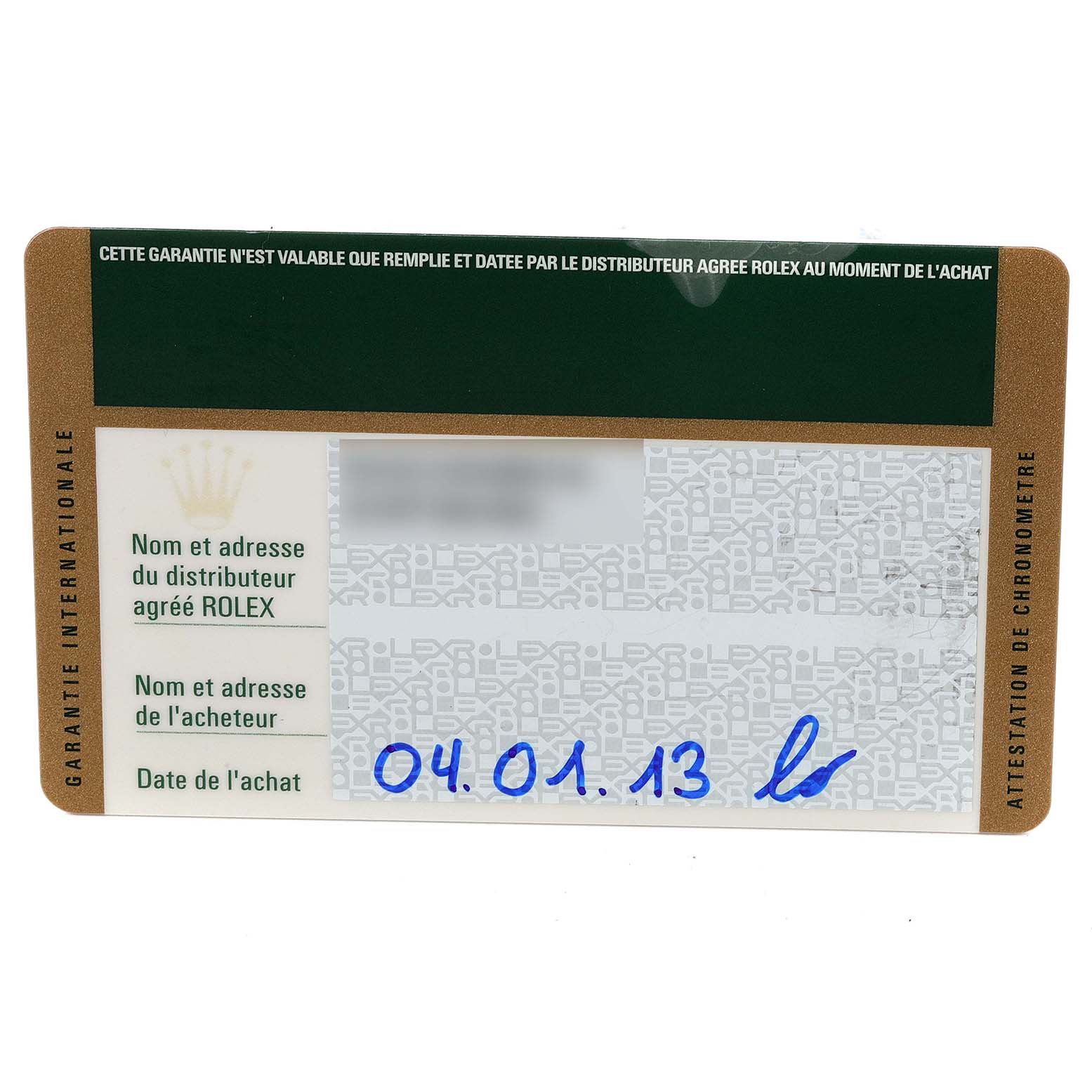 This image shows the guarantee card for a Rolex Daytona 116520 Men's Stainless Steel White Dial 116520 Men's Stainless Steel White Dial watch.