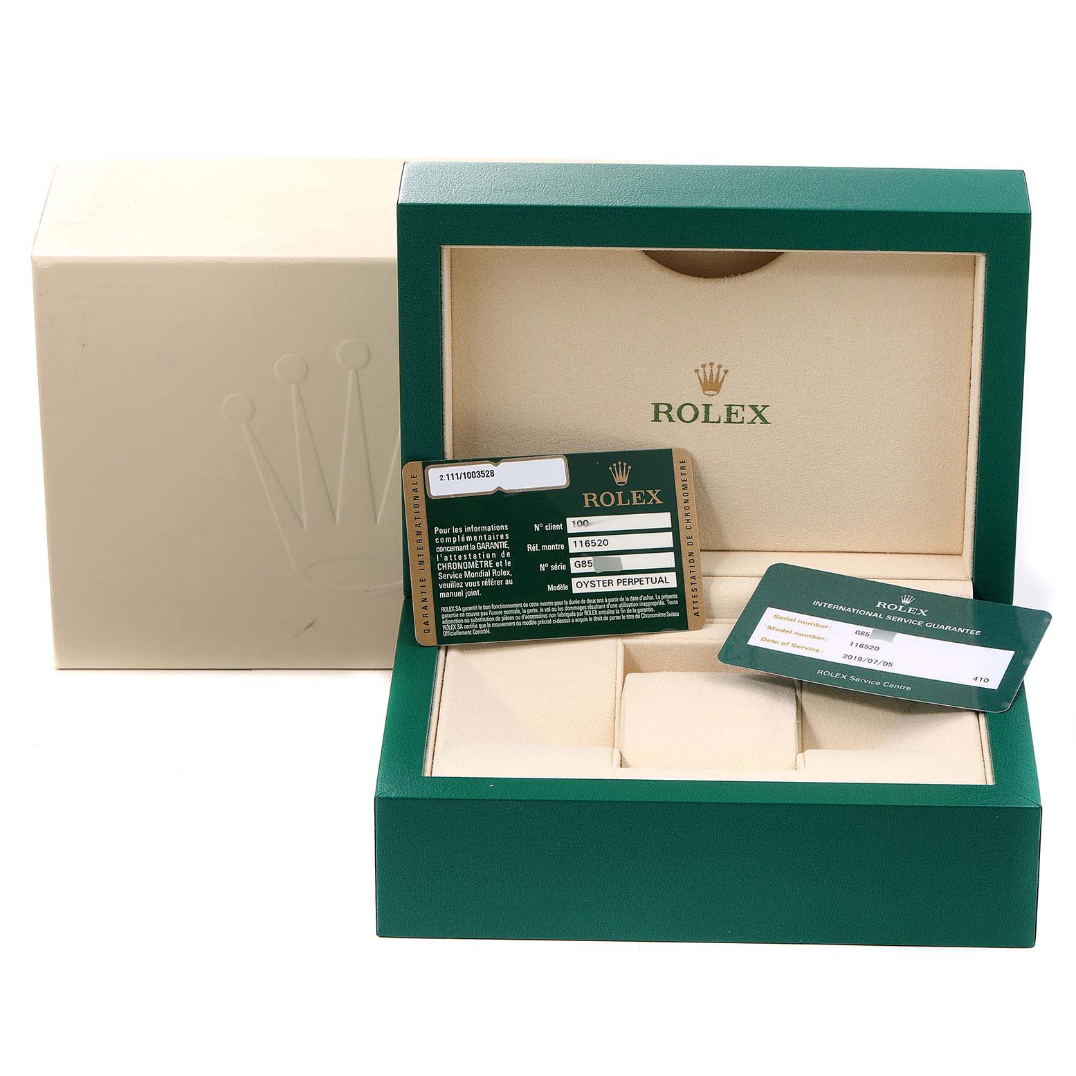 The image shows a Rolex Daytona 116520 Men's Stainless Steel White Dial 116520 Men's Stainless Steel White Dial watch box, warranty cards, and original packaging, viewed from the front.