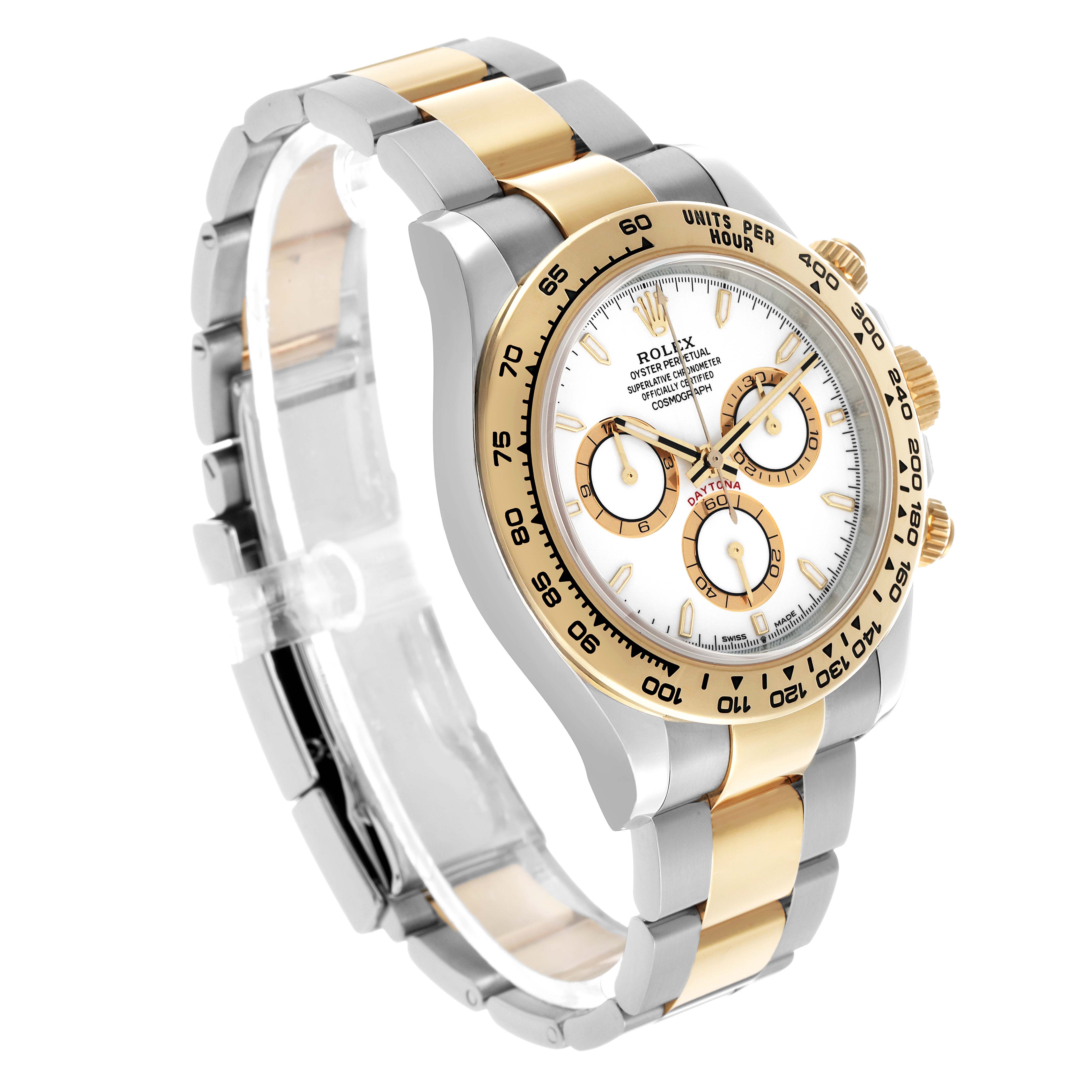 The Rolex Daytona 126503 Men's Steel and Gold (two tone) White Dial watch is shown at a three-quarter angle, highlighting the dial, bezel, pushers, and bracelet.