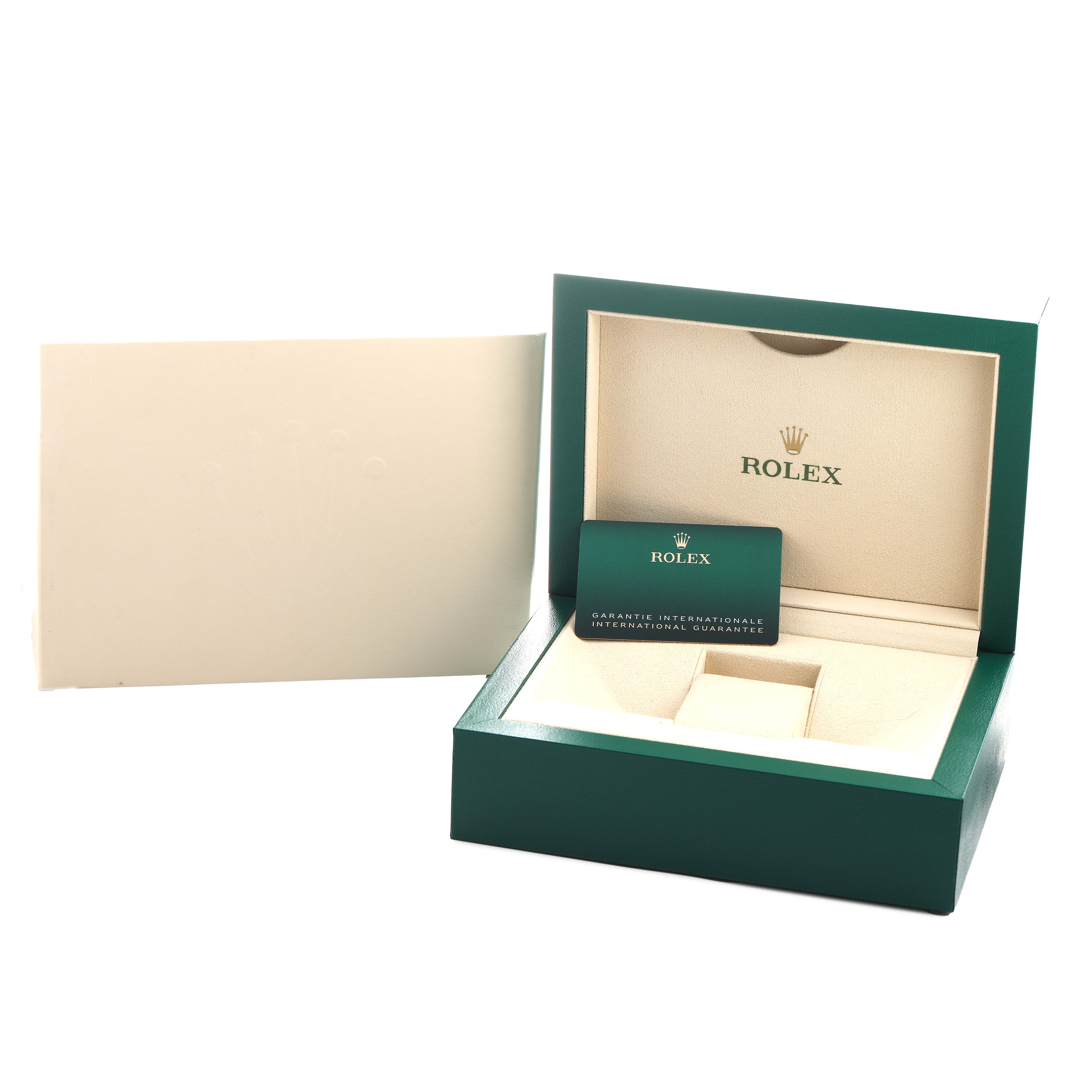 The image shows a Rolex Daytona 126503 Men's Steel and Gold (two tone) White Dial watch box, open with a warranty card inside.