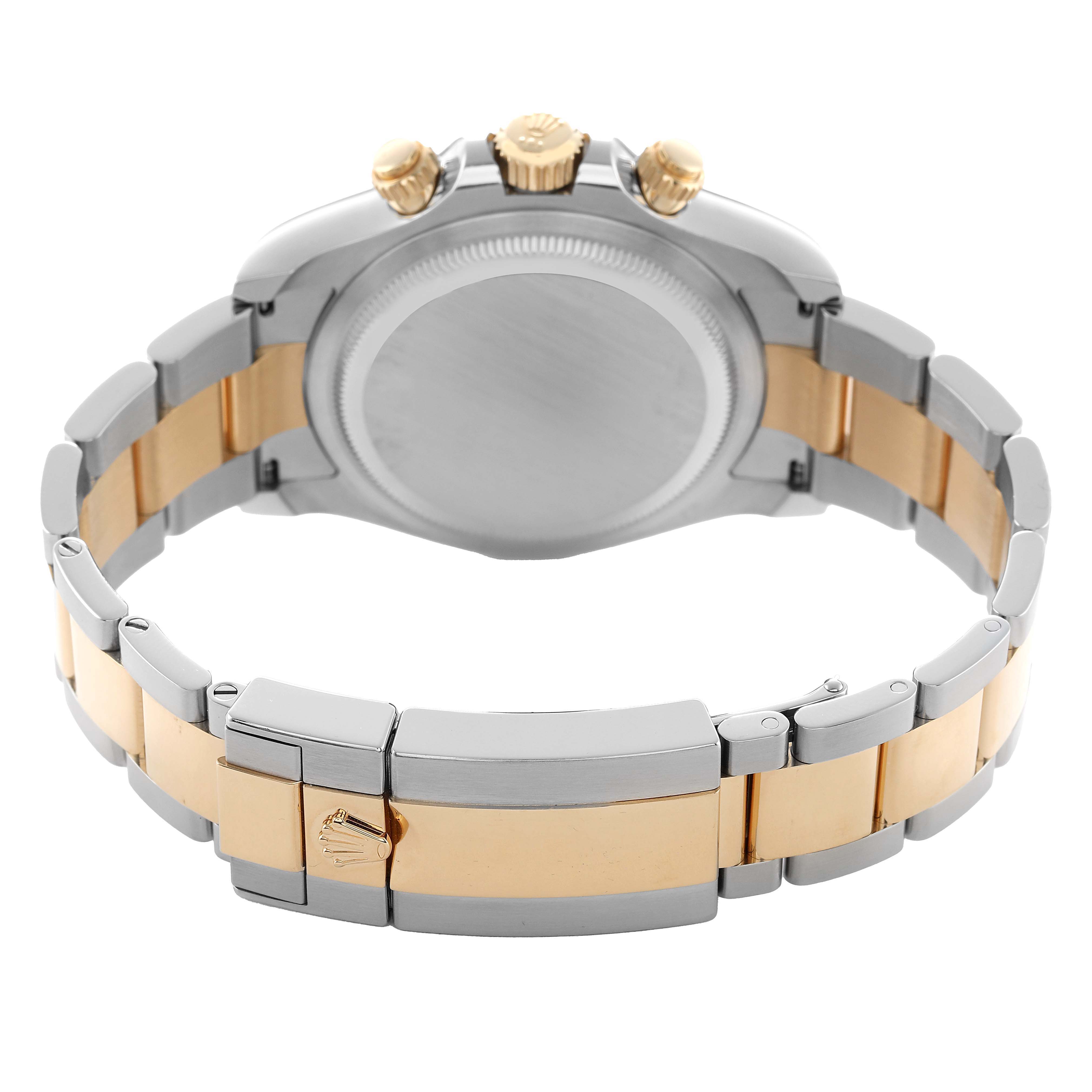 The Rolex Daytona 126503 Men's Steel and Gold (two tone) White Dial is shown from the back, highlighting the clasp, bracelet, and case back with gold and silver accents.