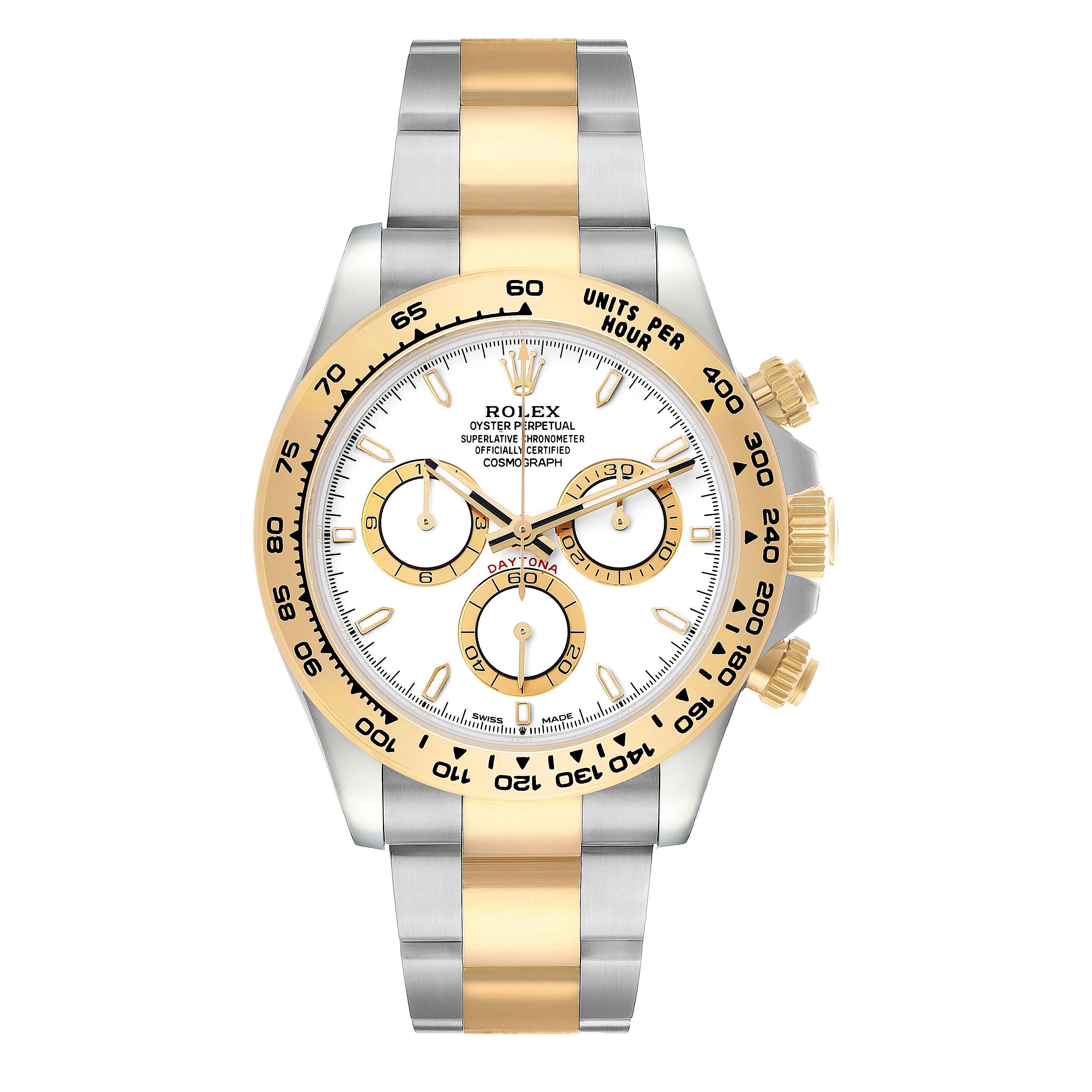 The Rolex Daytona 126503 Men's Steel and Gold (two tone) White Dial is shown from a top view, highlighting the dial, bezel, pushers, and bracelet.