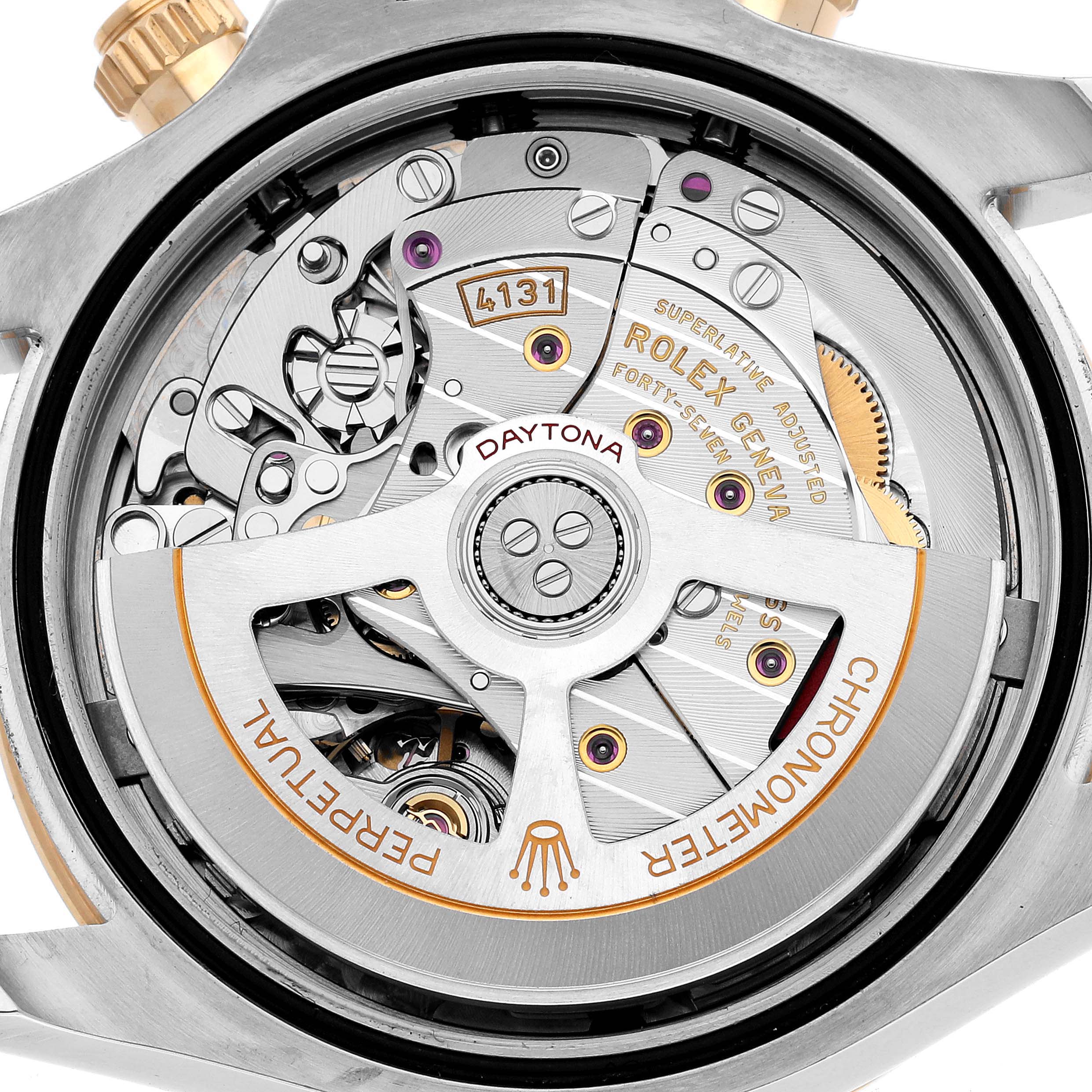 The image shows the movement of a Rolex Daytona 126503 Men's Steel and Gold (two tone) White Dial watch, highlighting the rotor and internal mechanics from the back.