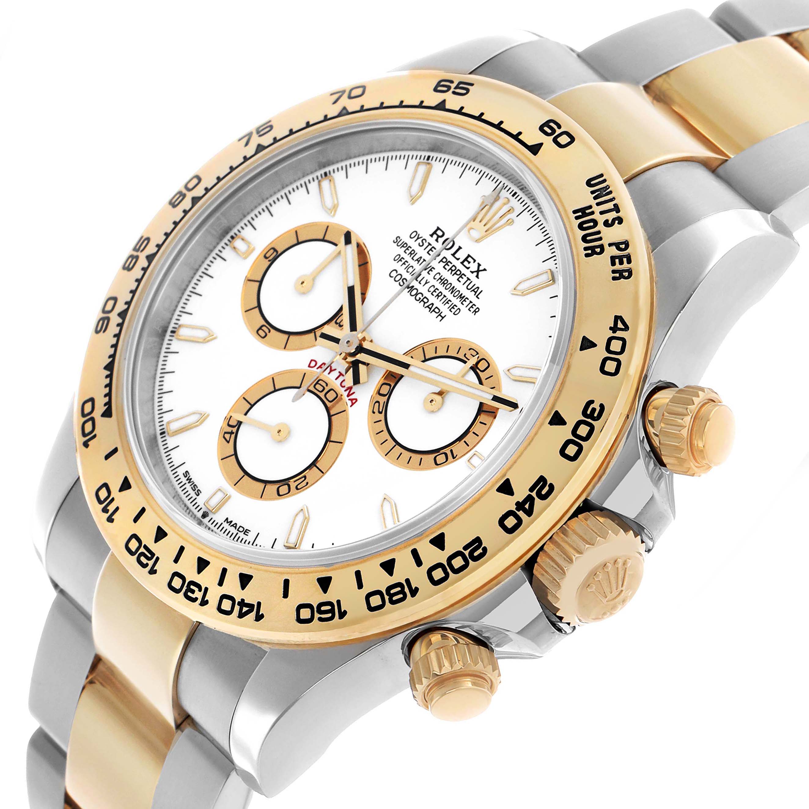 The Rolex Daytona 126503 Men's Steel and Gold (two tone) White Dial watch is shown at an angled side view, highlighting the bezel, dial, crown, and bracelet.
