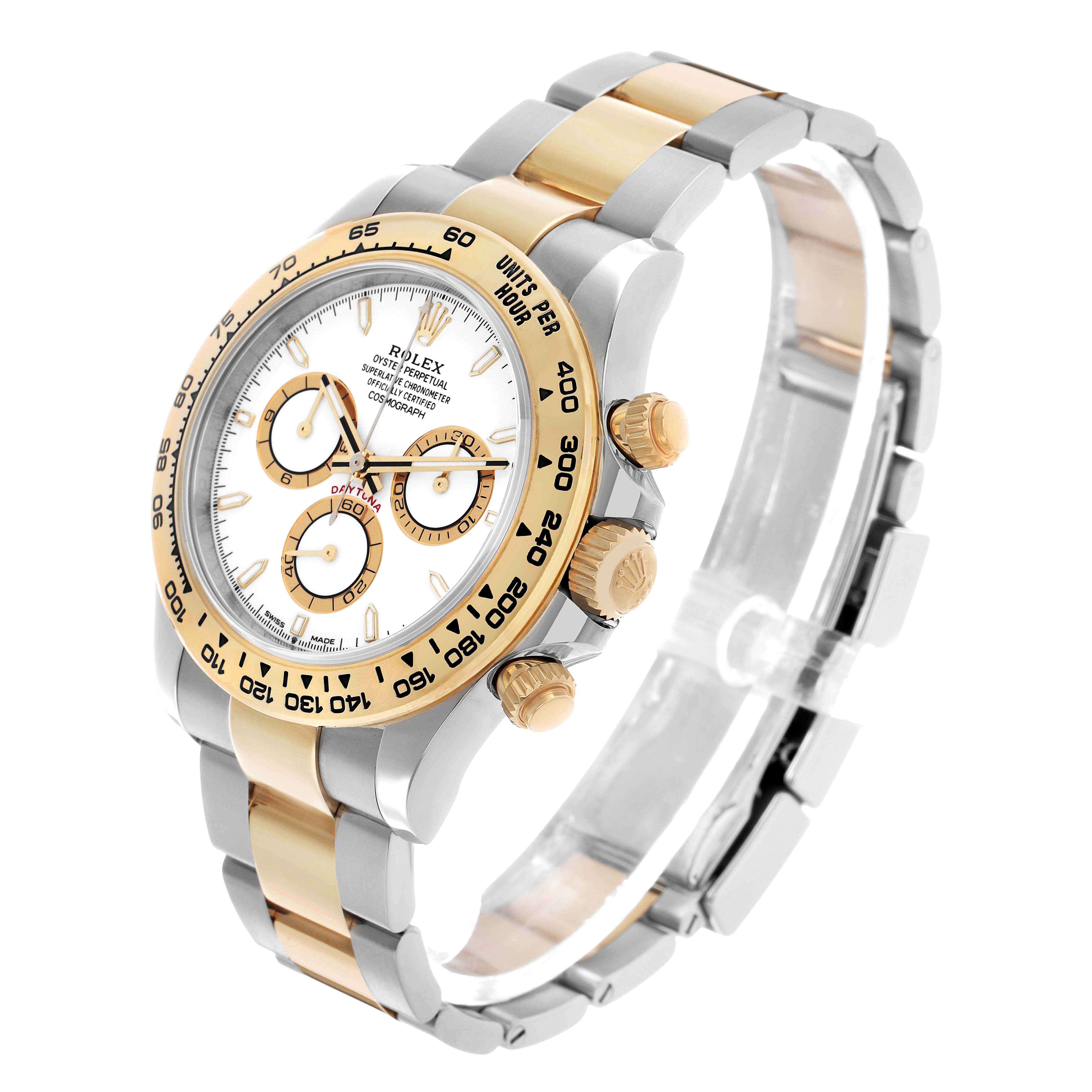 The Rolex Daytona 126503 Men's Steel and Gold (two tone) White Dial watch is shown at a three-quarter view, highlighting the bezel, dial, crown, and bracelet.