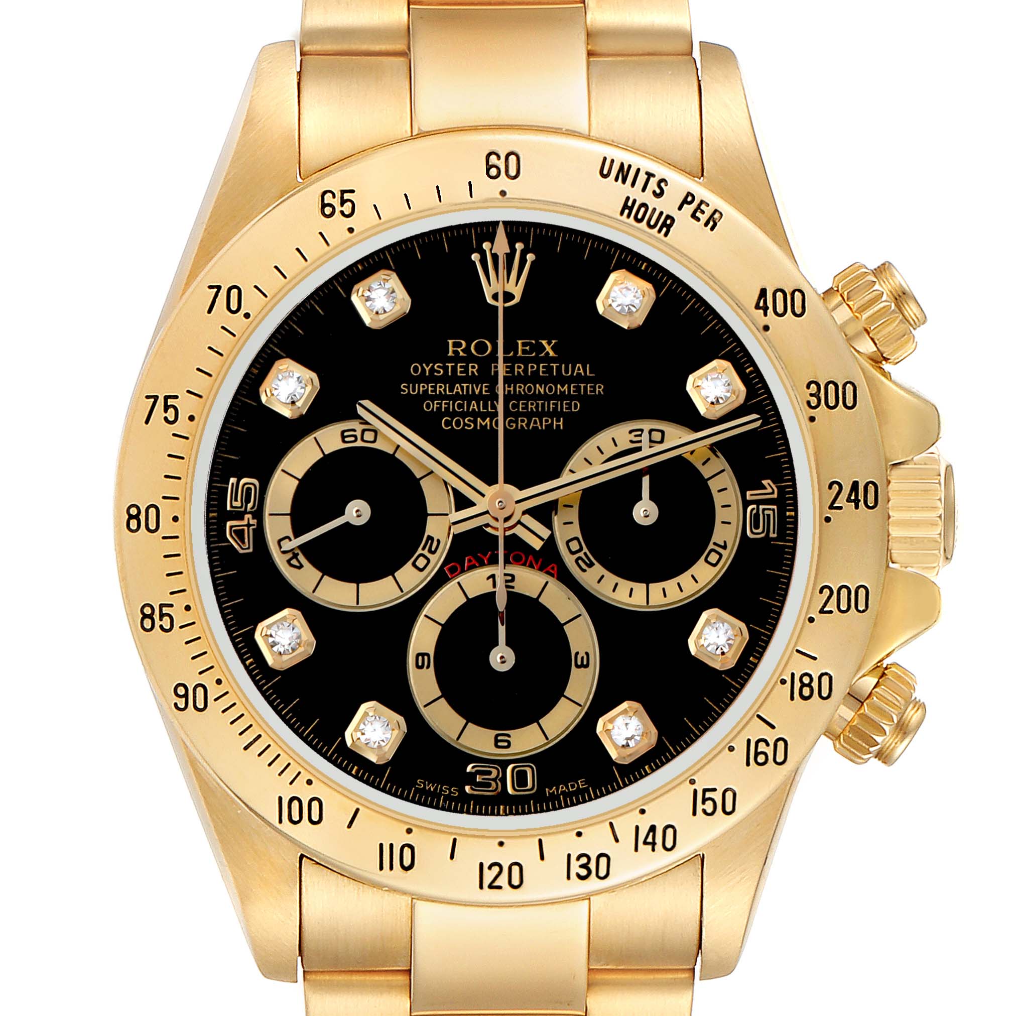 The Rolex Daytona 16528 Men's Yellow Gold Black Dial watch is shown face-on, displaying its black dial, subdials, bezel, and crown.