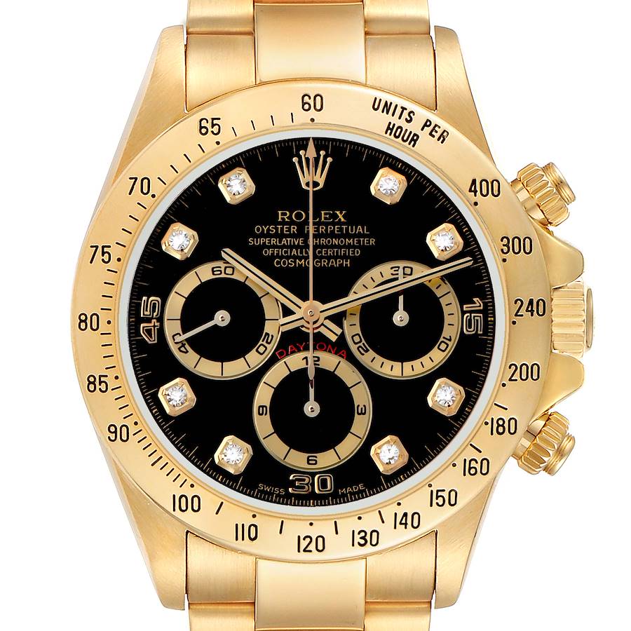 The Rolex Daytona 16528 Men's Yellow Gold Black Dial watch is shown face-on, displaying its black dial, subdials, bezel, and crown.