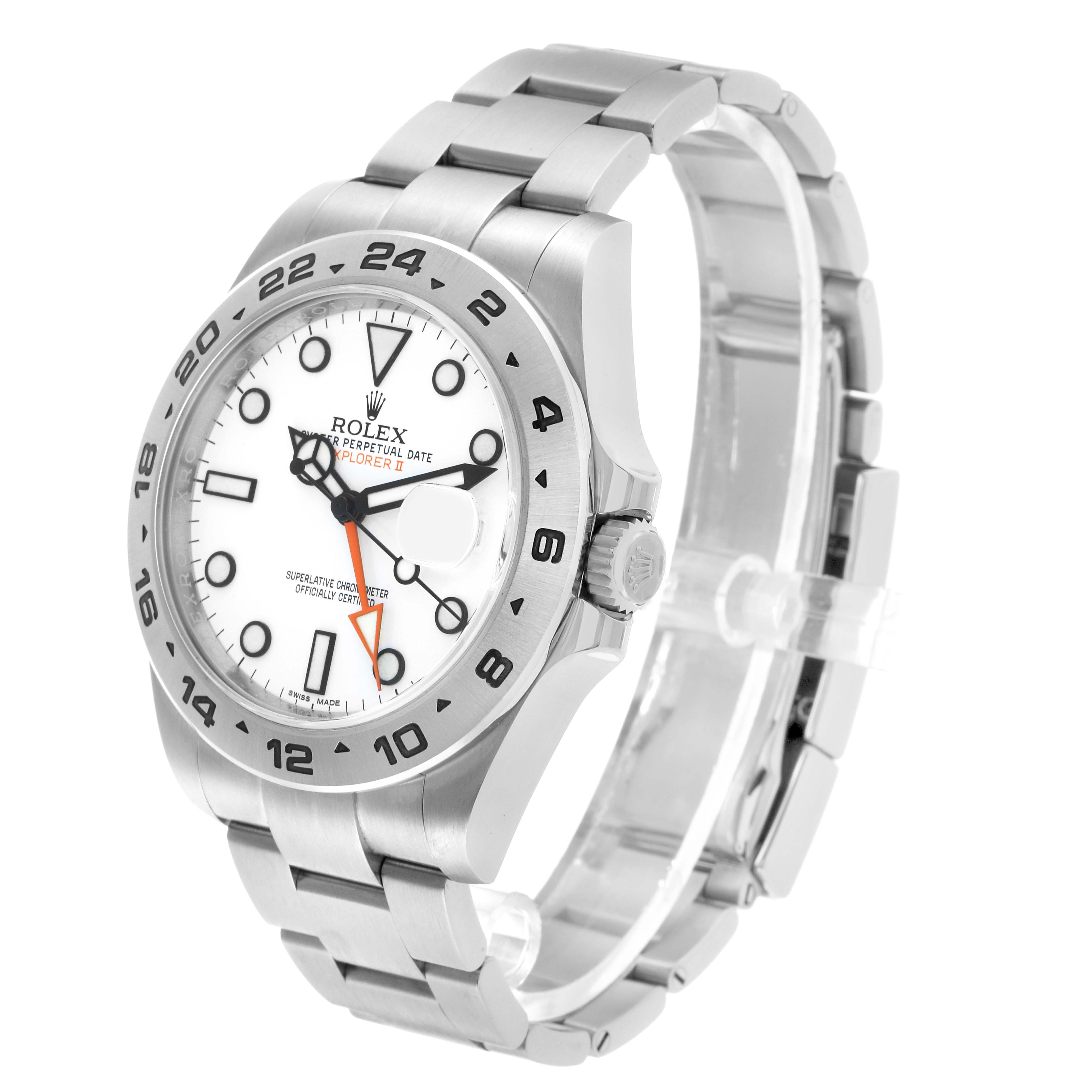The Rolex Explorer 216570 Men's Stainless Steel White Dial II is shown at a slight angle, featuring the dial, bezel, crown, and bracelet.