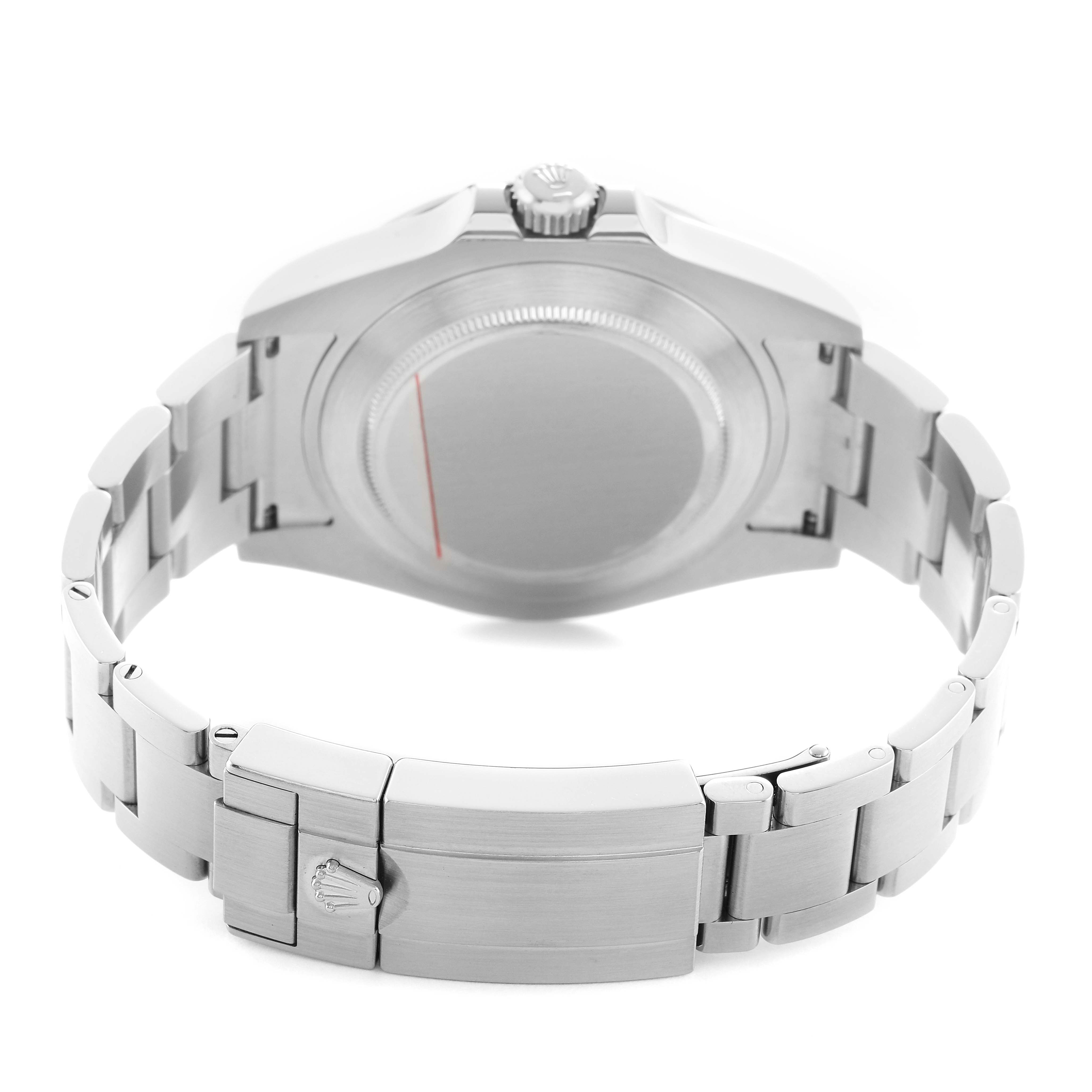 The image shows the back view of a Rolex Explorer 216570 Men's Stainless Steel White Dial watch, focusing on the clasp, bracelet, case back, and crown.
