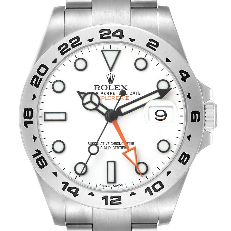 The Rolex Explorer 216570 Men's Stainless Steel White Dial II watch is shown from a top view, highlighting the dial, bezel, hands, and date window.