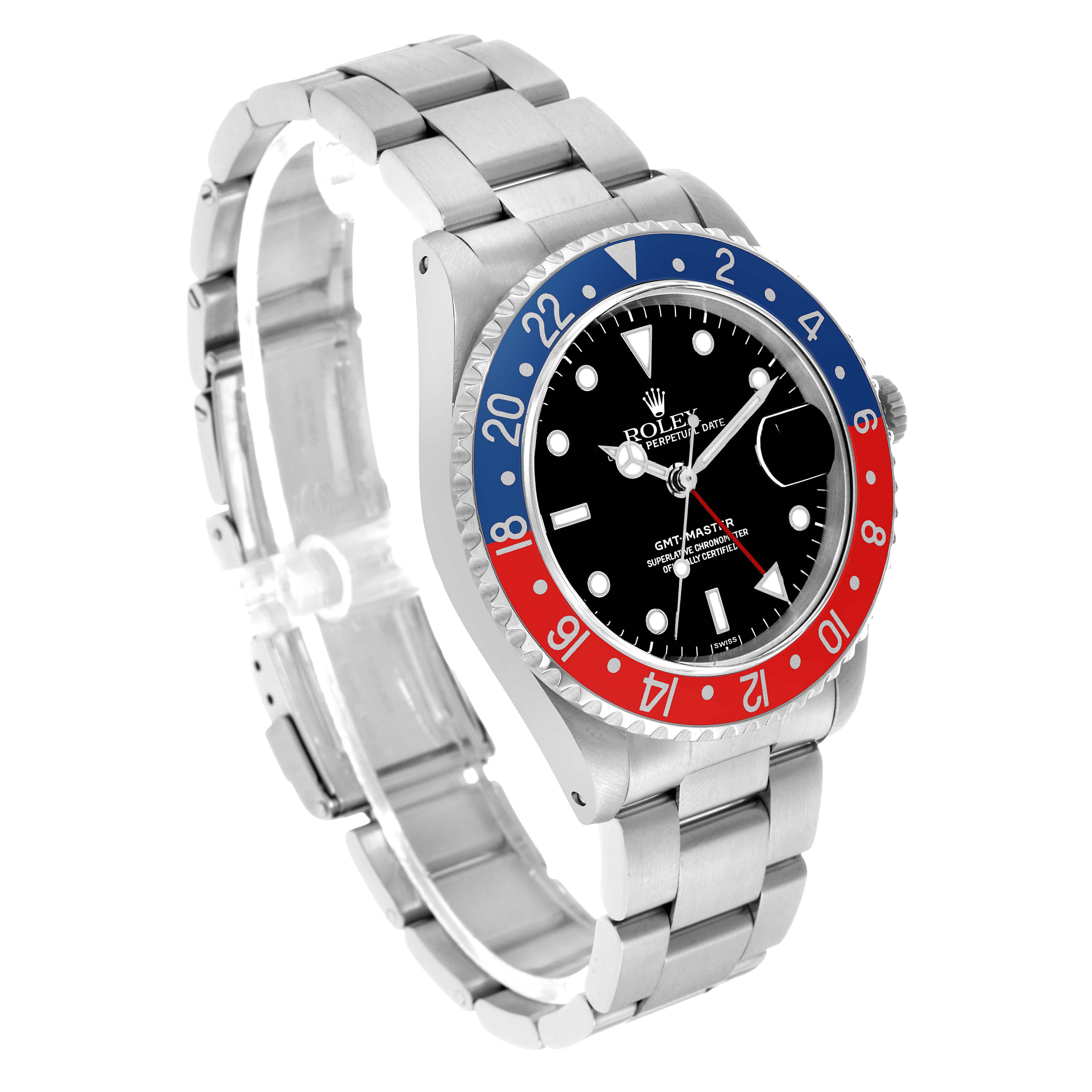 The Rolex GMT-Master 16700 Men's Stainless Steel Black Dial watch is shown at an angled view displaying the face, bezel, and bracelet.