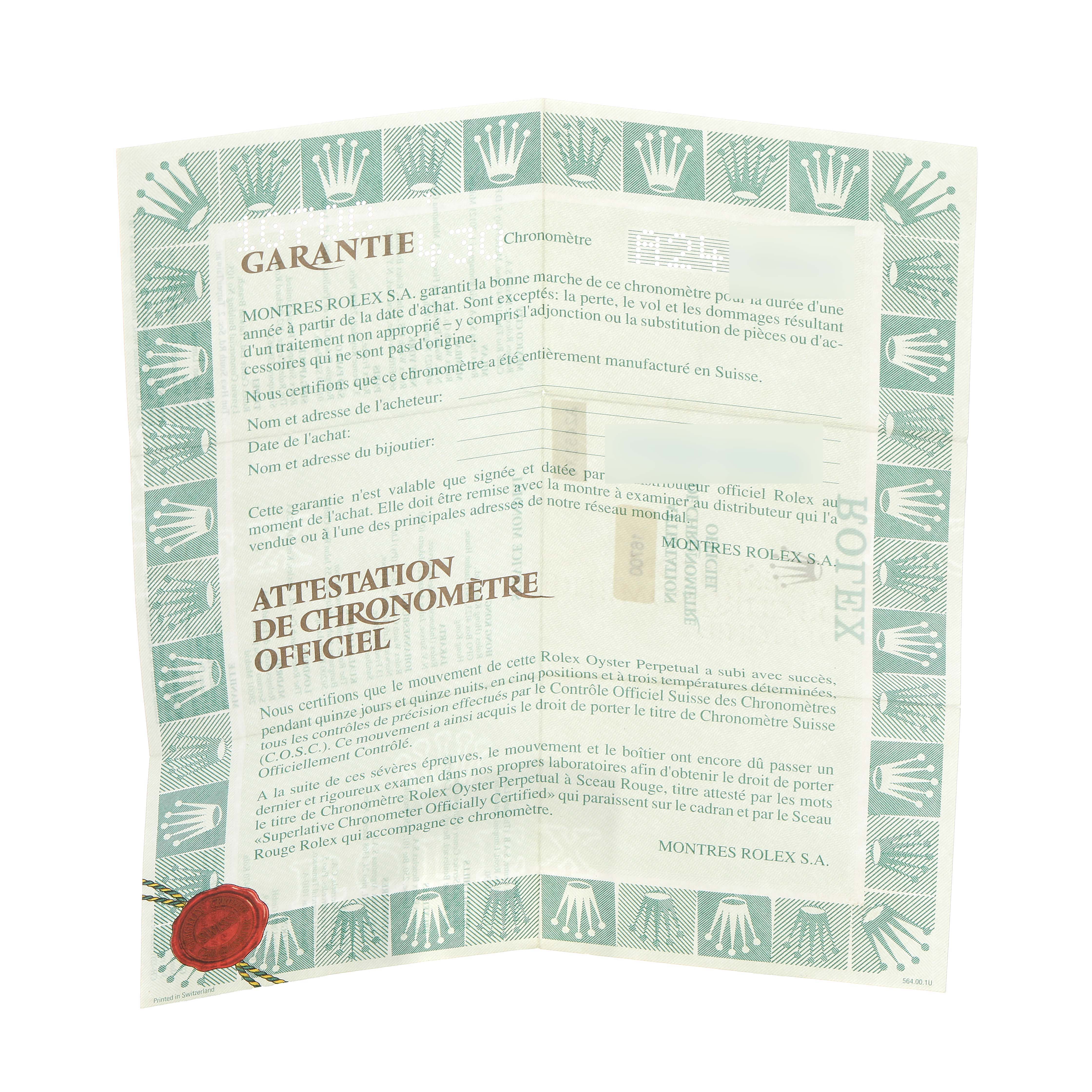 This image shows the warranty and chronometer certification documents for the Rolex GMT-Master 16700 Men's Stainless Steel Black Dial.