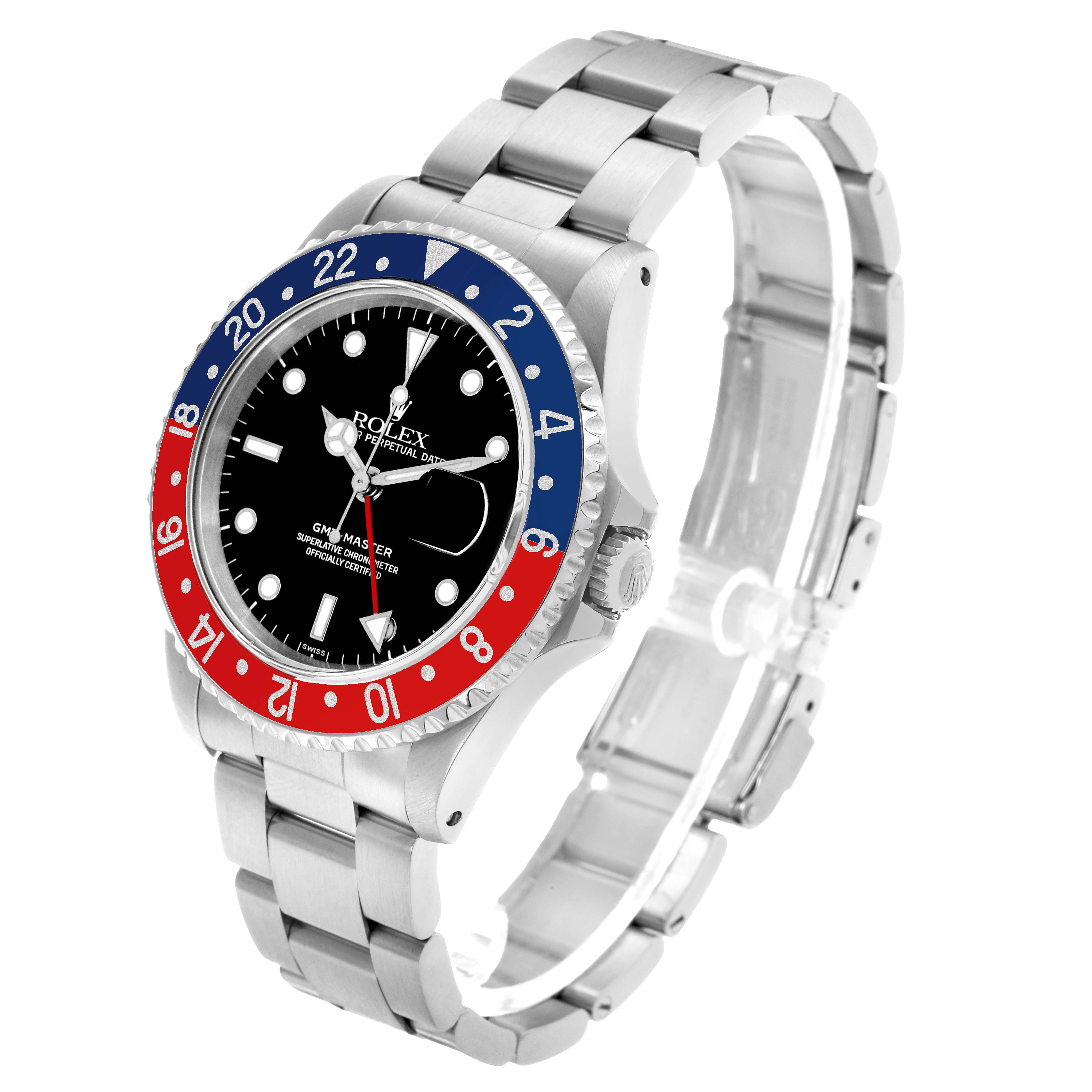 The Rolex GMT-Master 16700 Men's Stainless Steel Black Dial is shown at an angle displaying the full face, two-tone bezel, and metal bracelet.