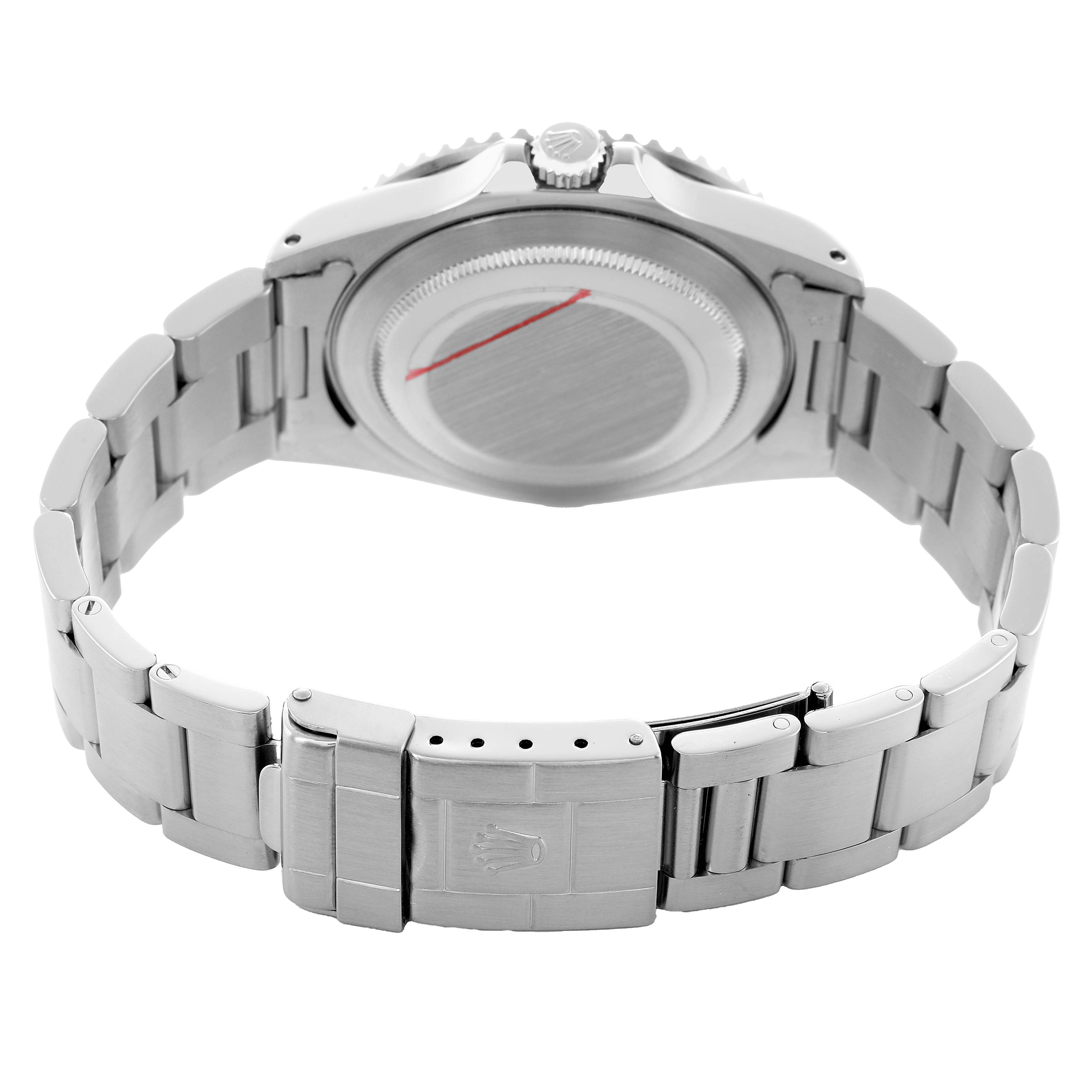 The image shows the Rolex GMT-Master 16700 Men's Stainless Steel Black Dial watch from the back, highlighting the clasp and bracelet.