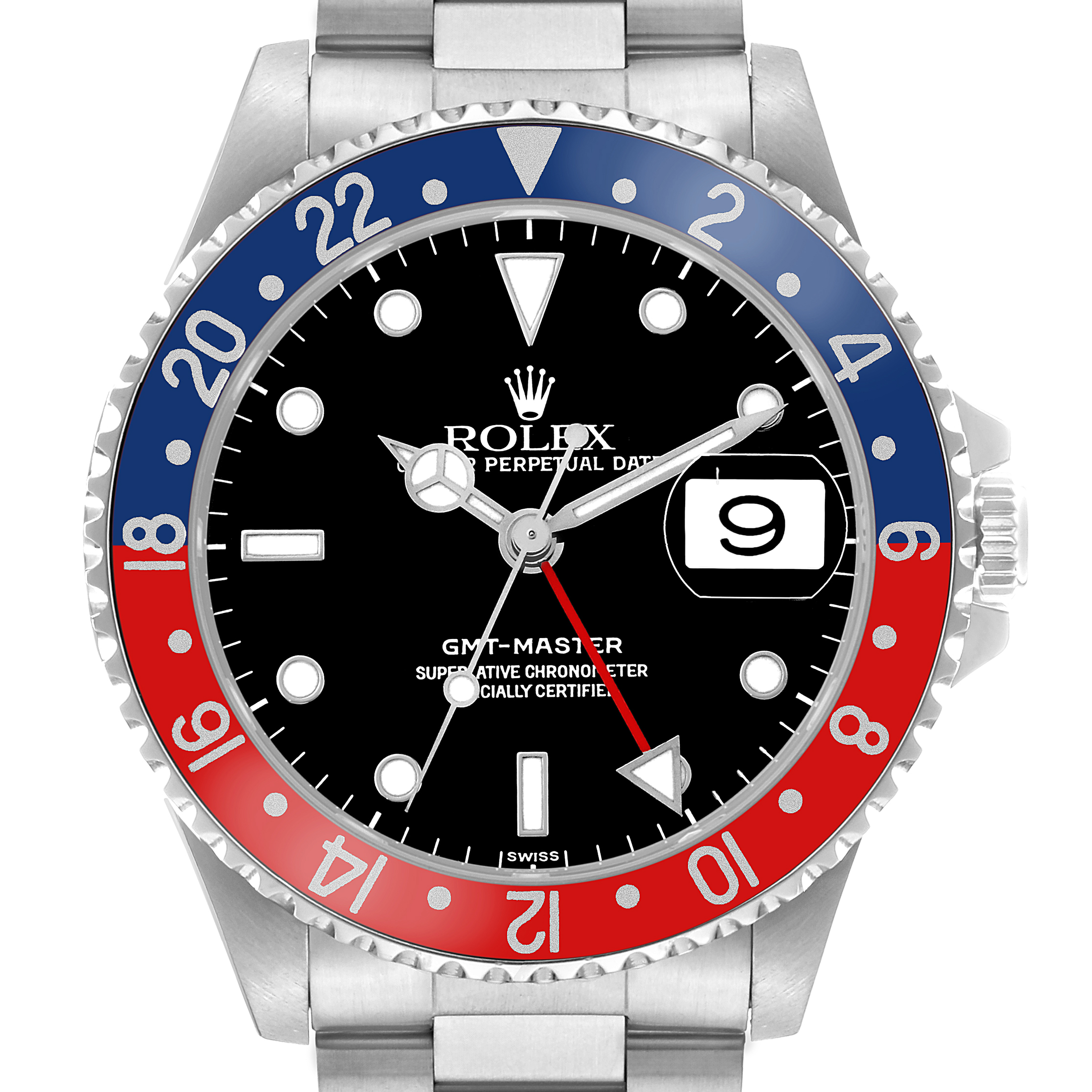 The Rolex GMT-Master 16700 Men's Stainless Steel Black Dial is shown from a front angle, displaying the bezel, dial, hands, and date window.