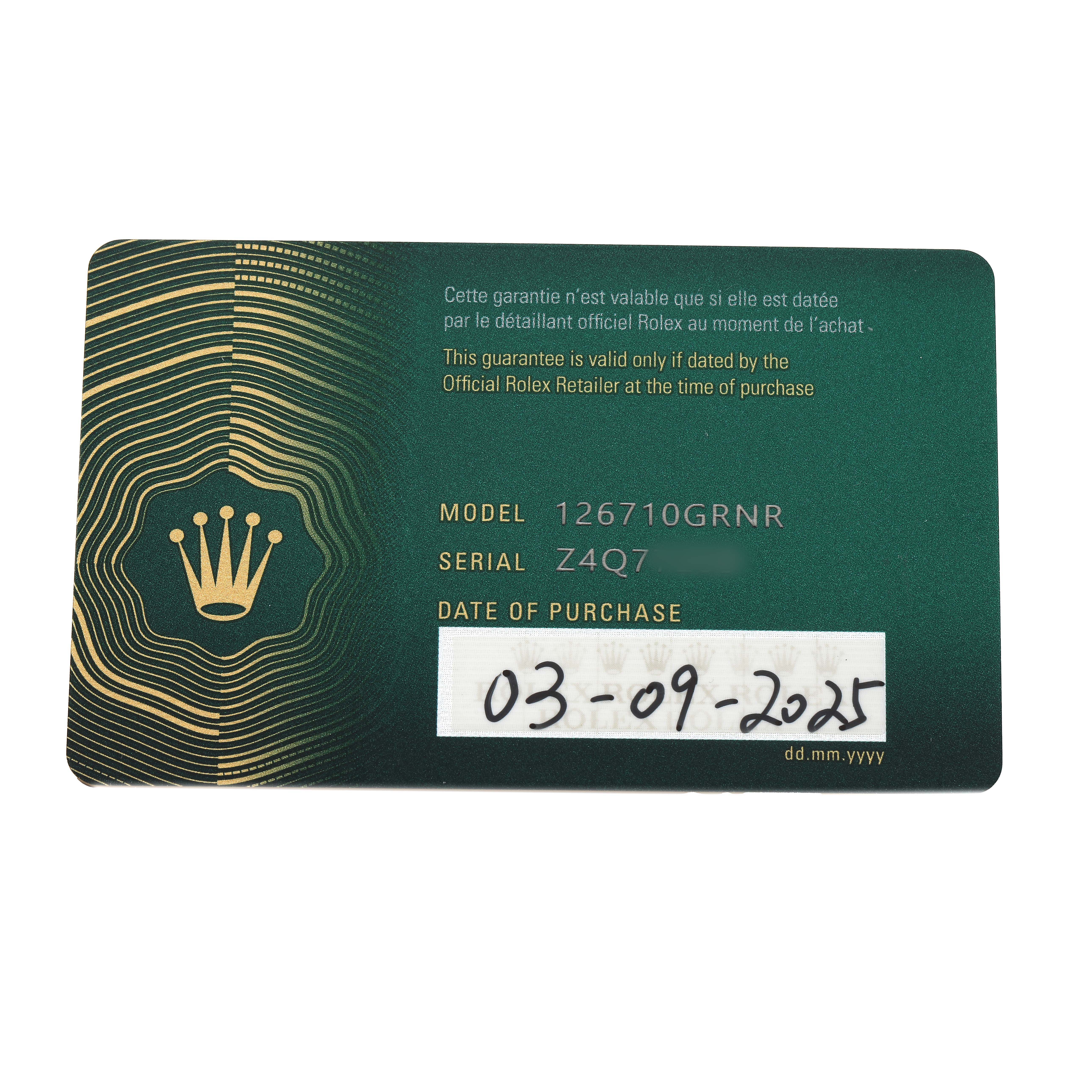 The image shows a flat, front view of a Rolex GMT-Master 126710 Men's Stainless Steel Black Dial warranty card with model and purchase details.