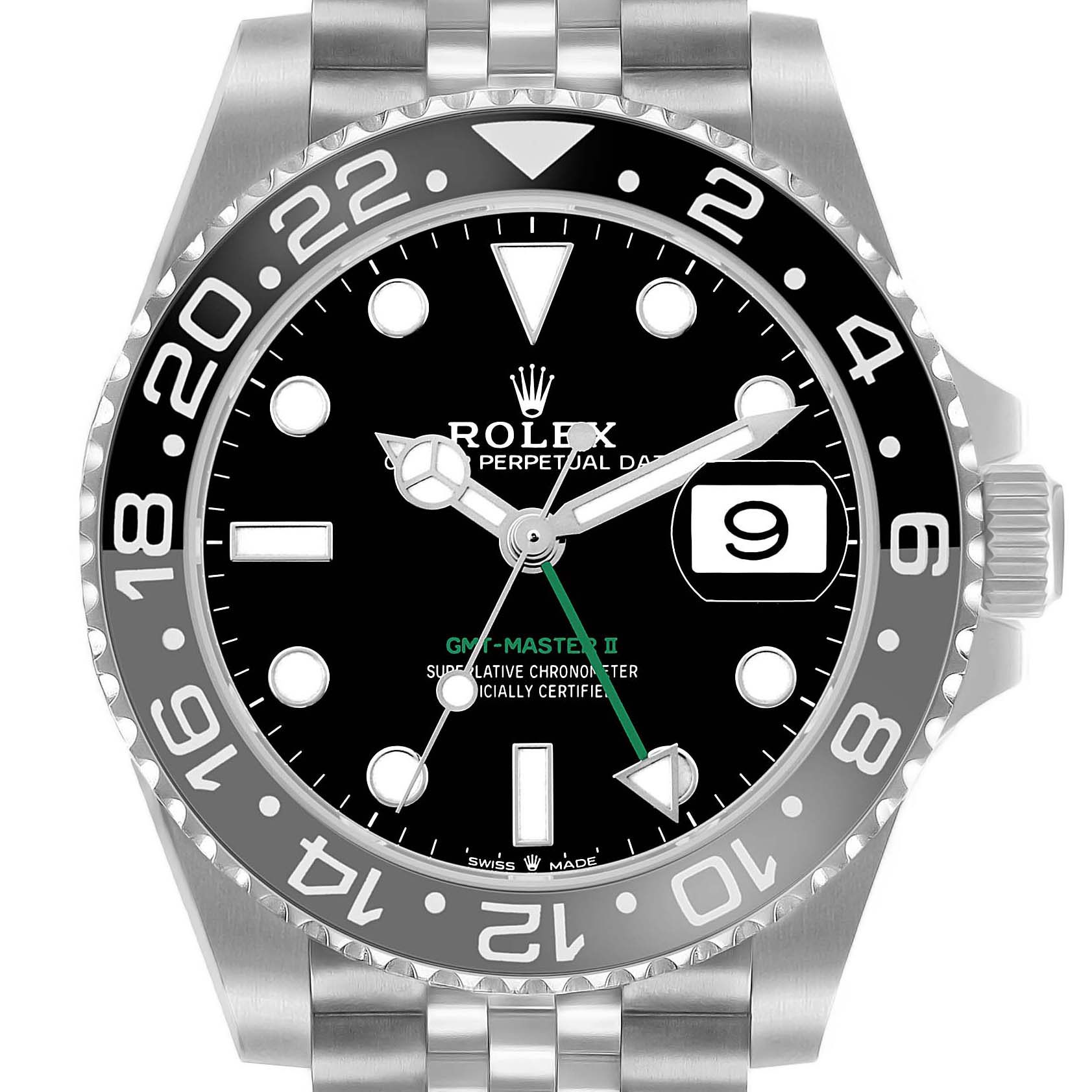 The Rolex GMT-Master 126710 Men's Stainless Steel Black Dial II is shown from the front, displaying its bezel, dial, hands, date window, and part of the bracelet.