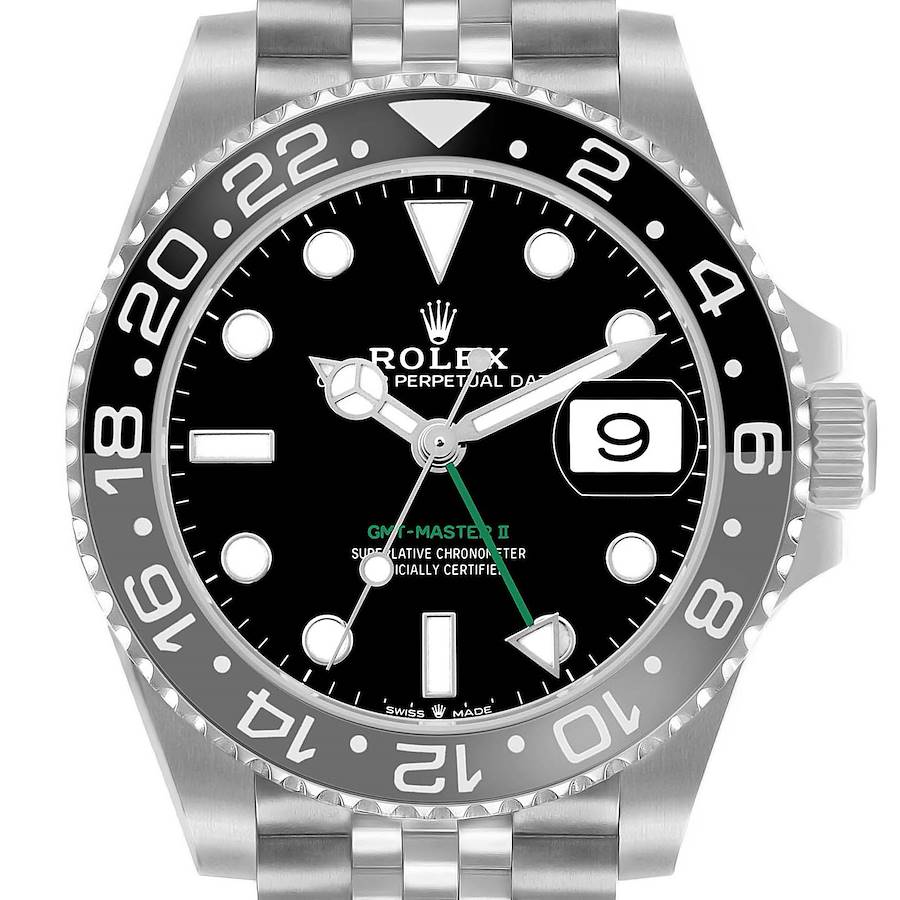 The Rolex GMT-Master 126710 Men's Stainless Steel Black Dial II is shown from the front, displaying its bezel, dial, hands, date window, and part of the bracelet.
