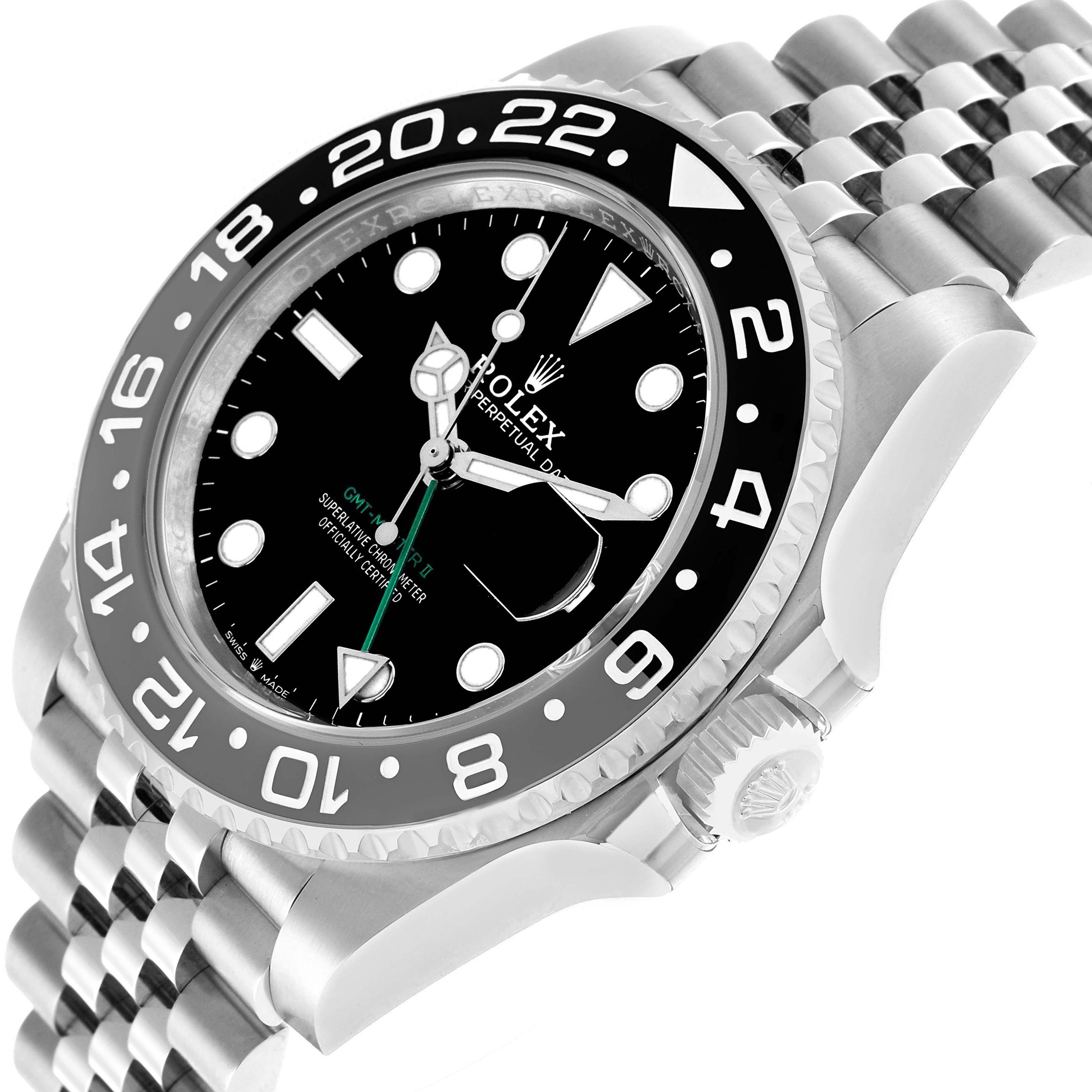 The Rolex GMT-Master 126710 Men's Stainless Steel Black Dial watch is shown at an oblique angle, highlighting the bezel, dial, crown, and part of the bracelet.