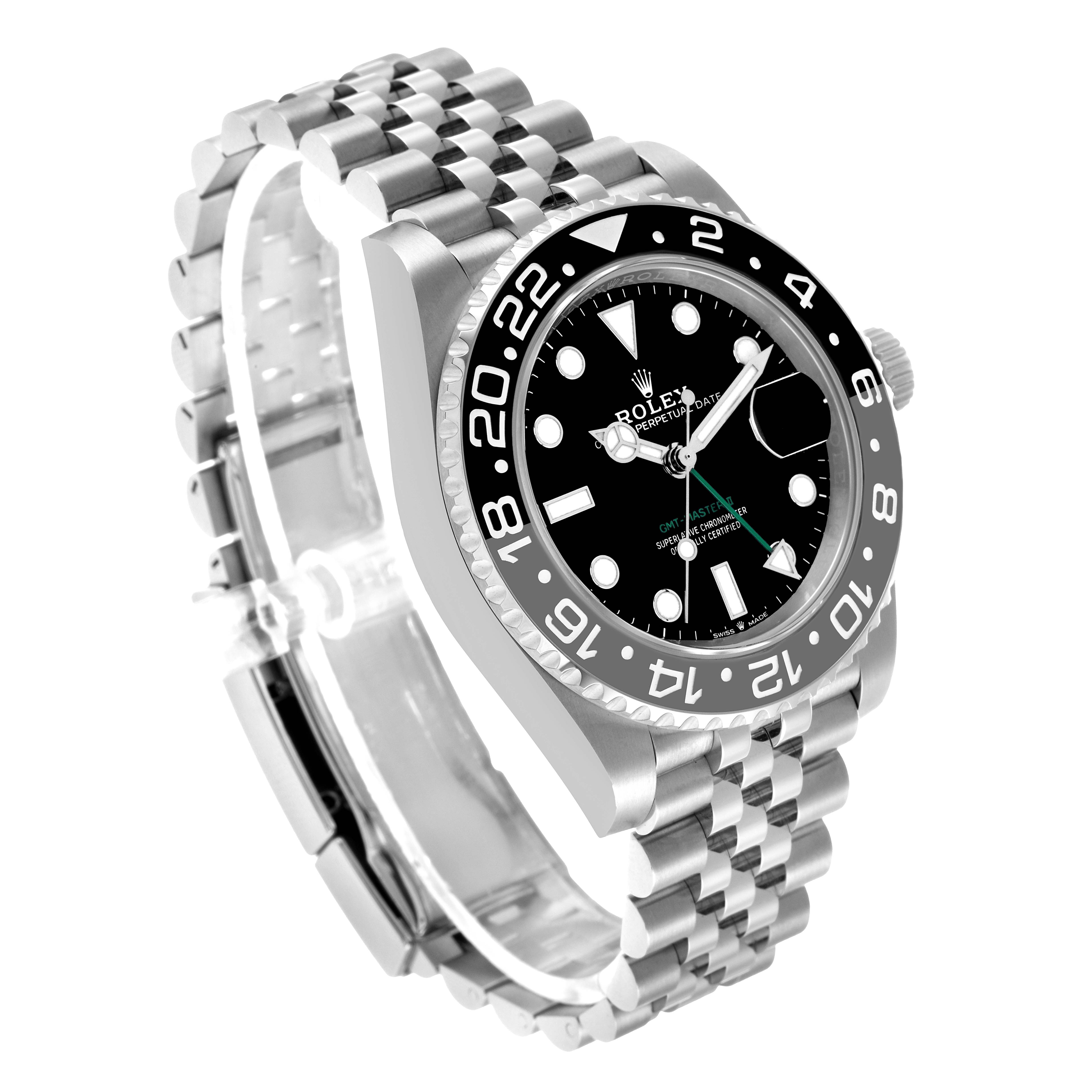 The Rolex GMT-Master 126710 Men's Stainless Steel Black Dial watch is shown at an angled view, highlighting the bezel, face, crown, and bracelet.