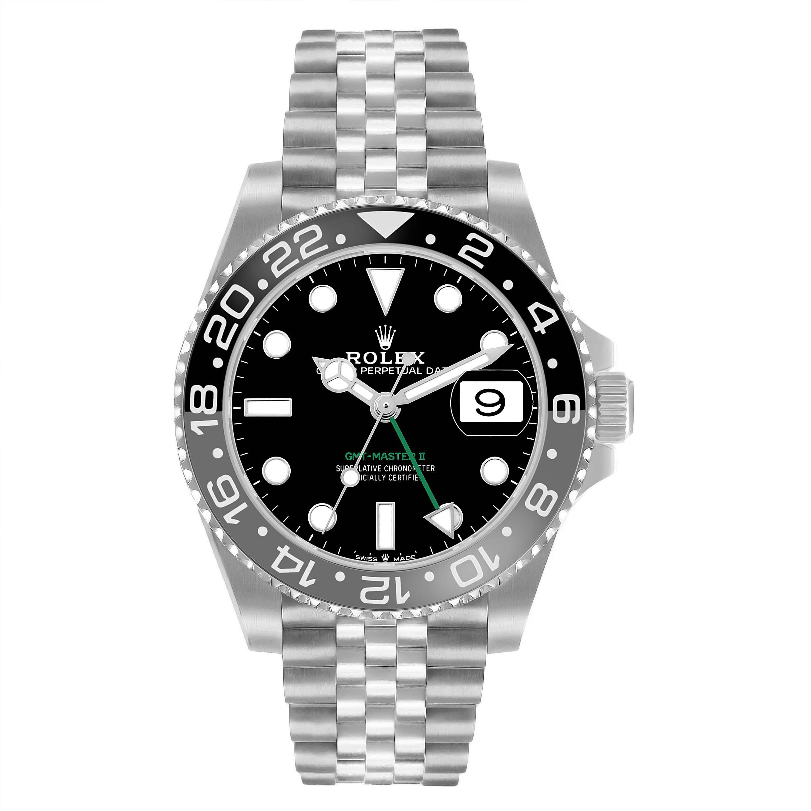The Rolex GMT-Master 126710 Men's Stainless Steel Black Dial watch is shown from a front angle, displaying the face, bezel, bracelet, and crown.