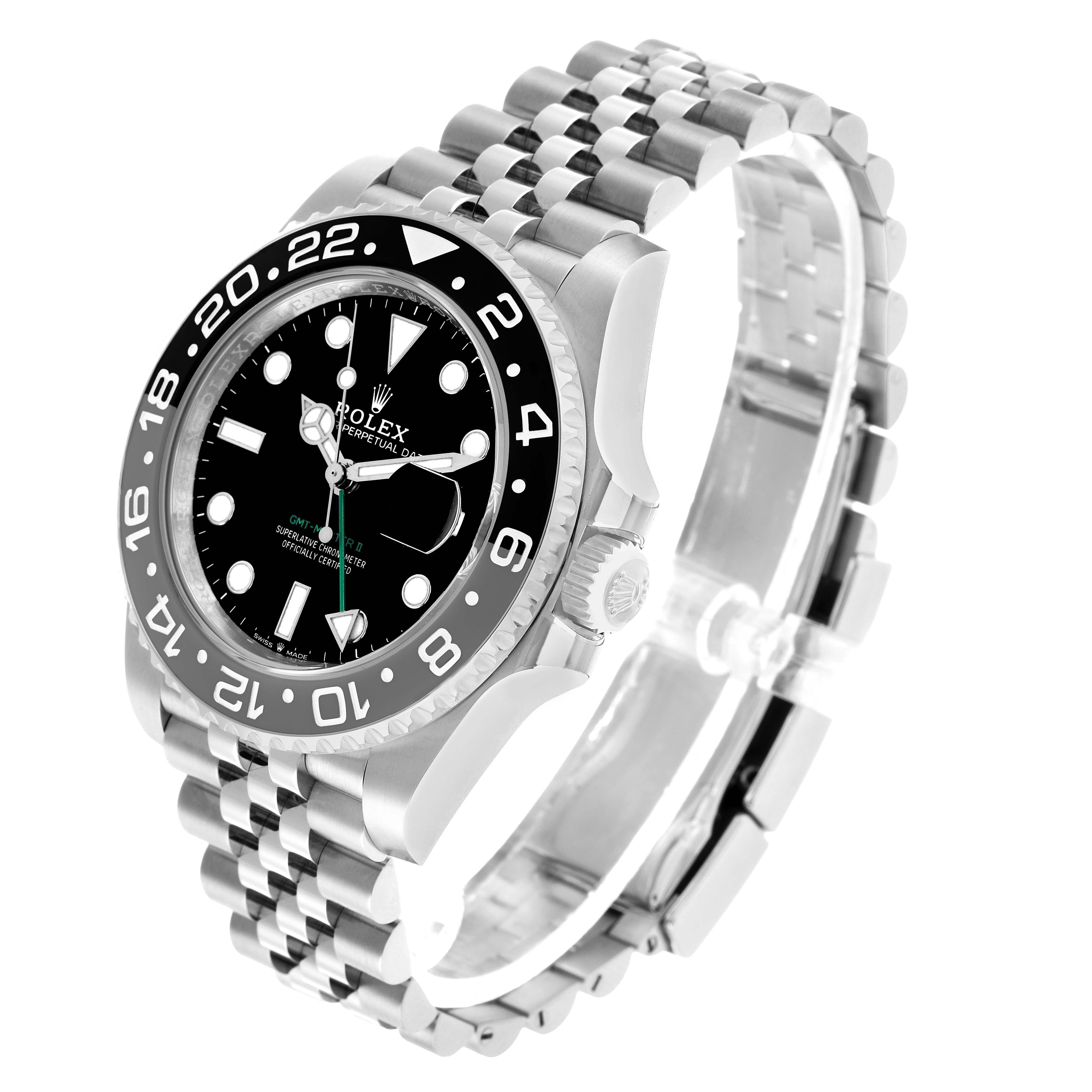 The Rolex GMT-Master 126710 Men's Stainless Steel Black Dial is shown from an angled top view, displaying the bezel, dial, case, and Jubilee bracelet.