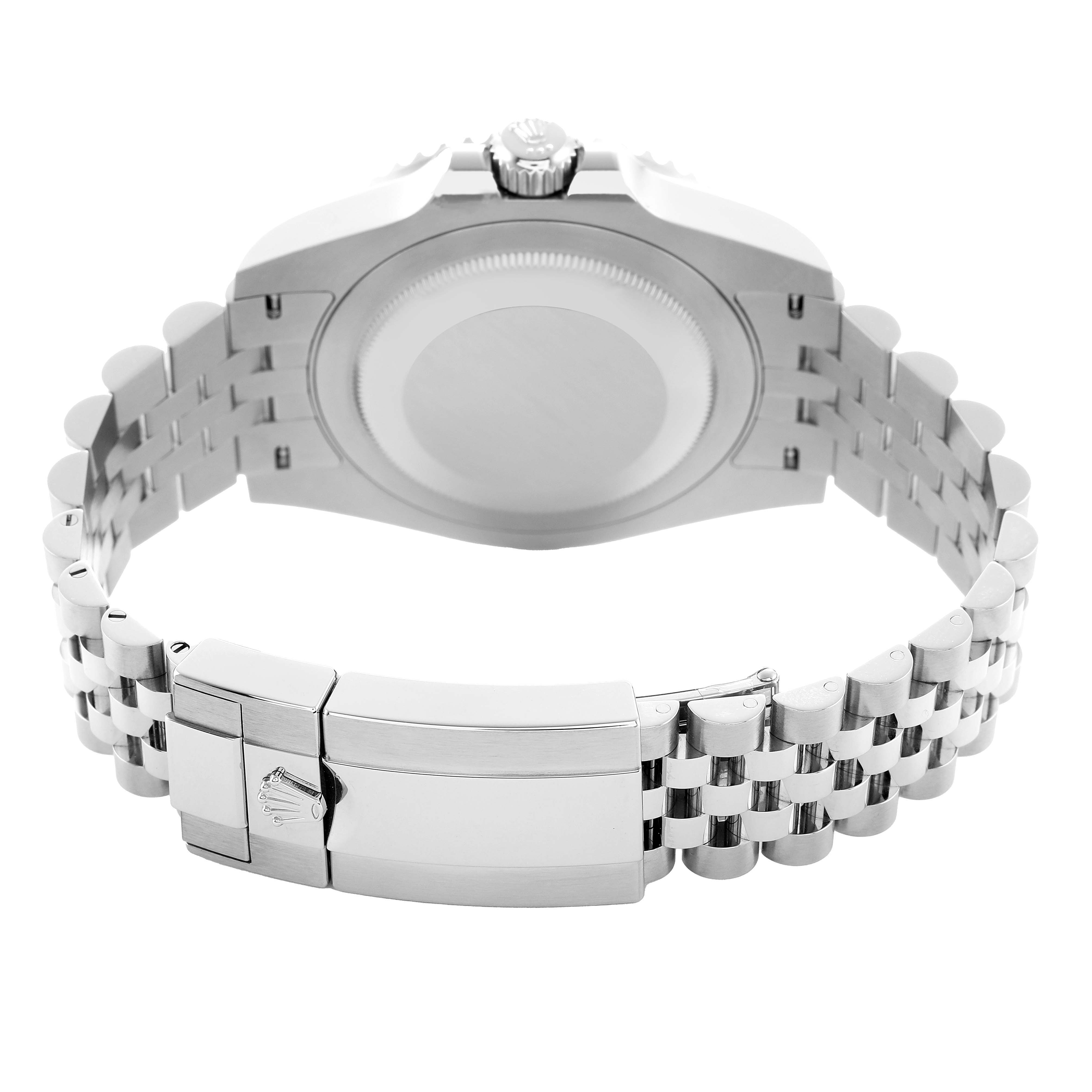 The image shows the back of a Rolex GMT-Master 126710 Men's Stainless Steel Black Dial watch, highlighting its case back, jubilee bracelet, and clasp from a rear angle.