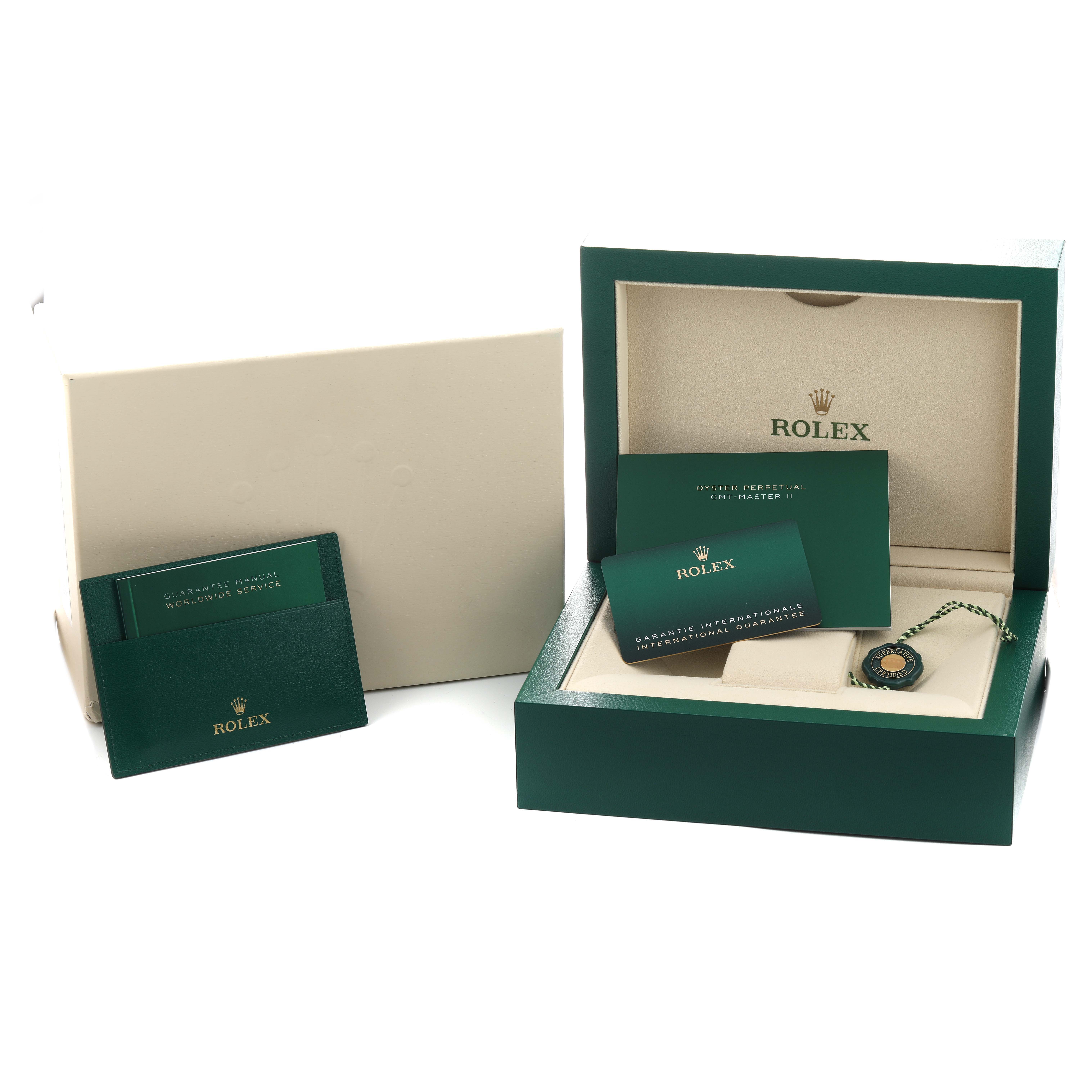 The image shows the box and accessories for a Rolex GMT-Master 126715 Men's Rose Gold Black Dial, including the case, warranty card, and manual.