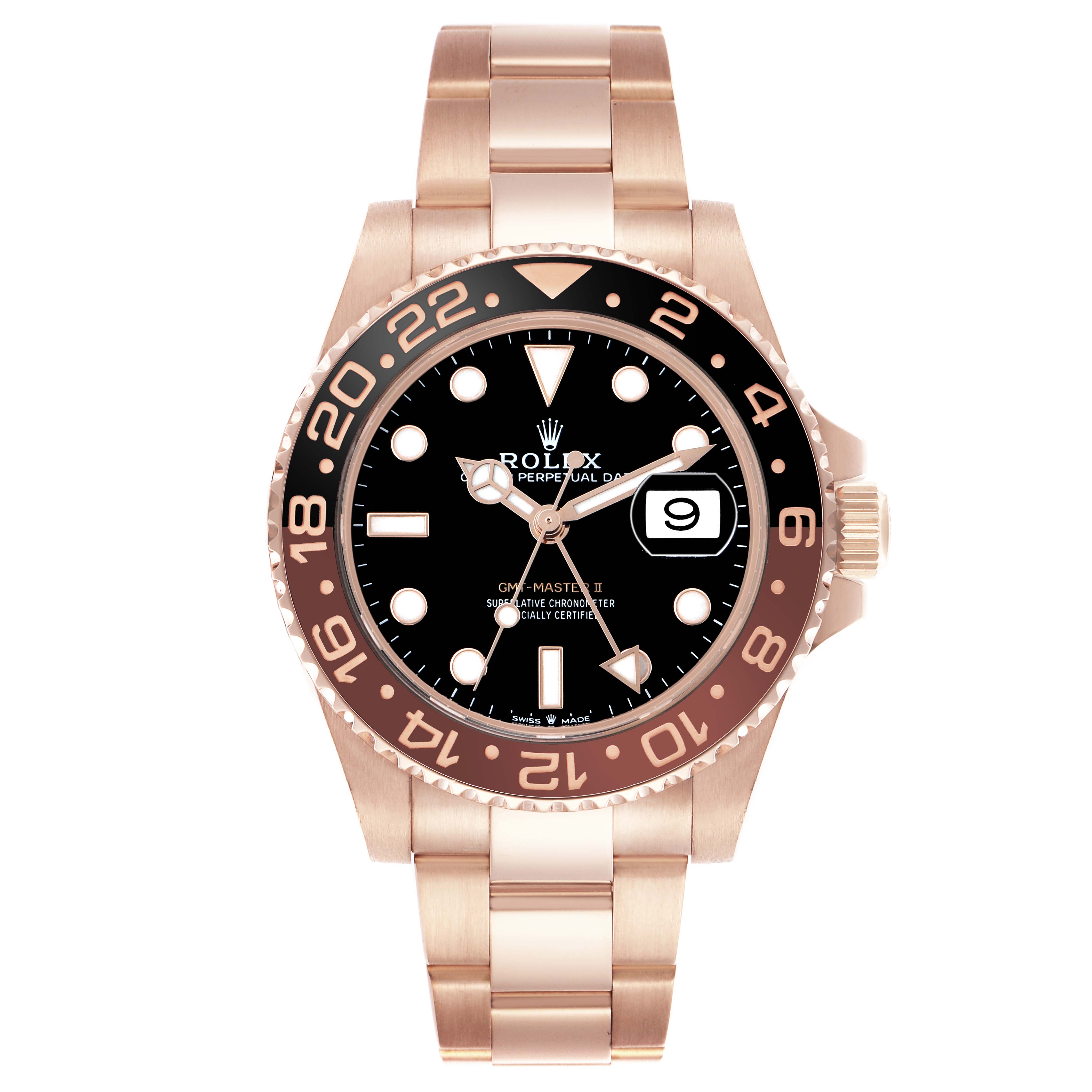 The Rolex GMT-Master 126715 Men's Rose Gold Black Dial watch is shown from a front angle, highlighting its bezel, dial, case, and bracelet.