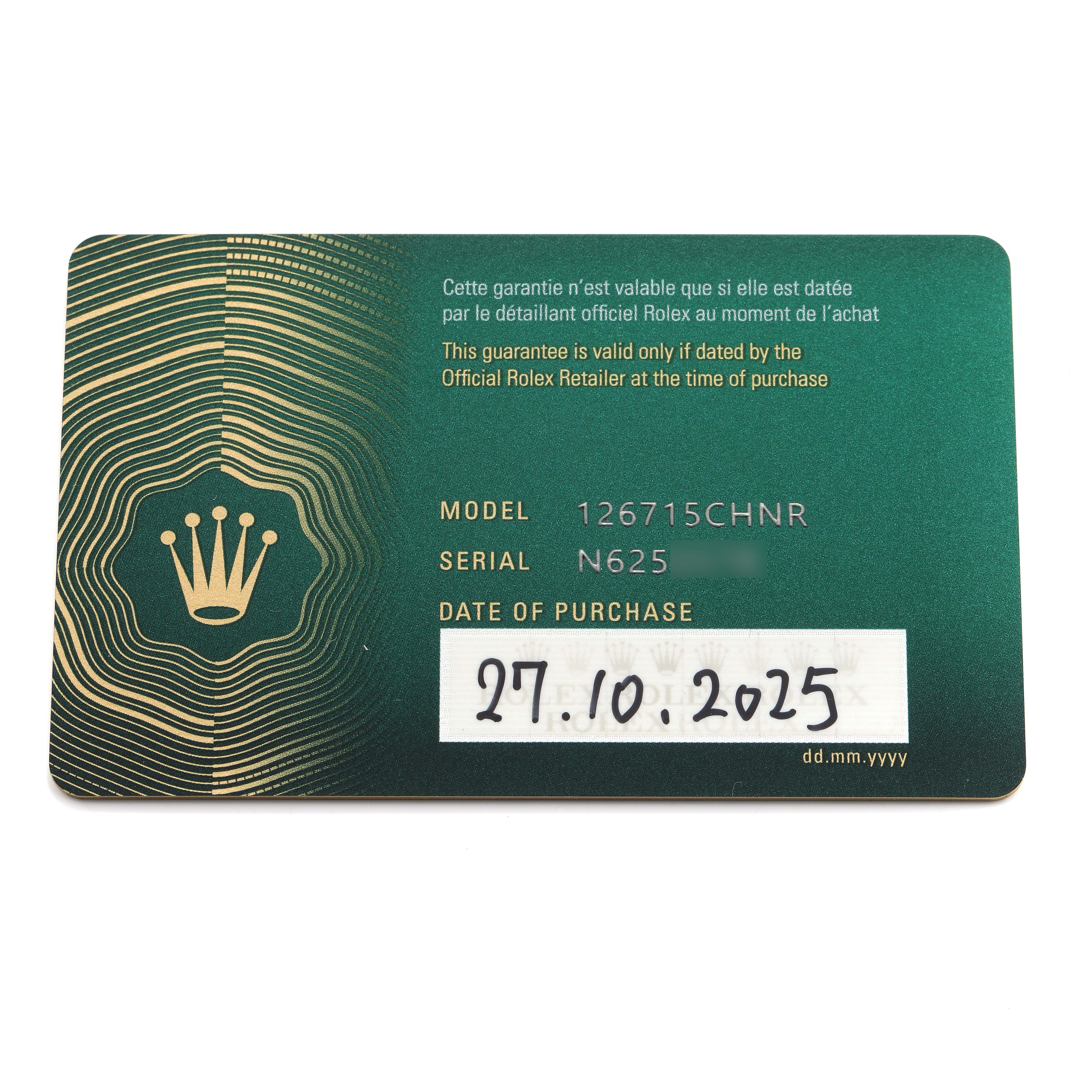 The image shows a flat view of a Rolex GMT-Master 126715 Men's Rose Gold Black Dial warranty card, displaying model and purchase information.